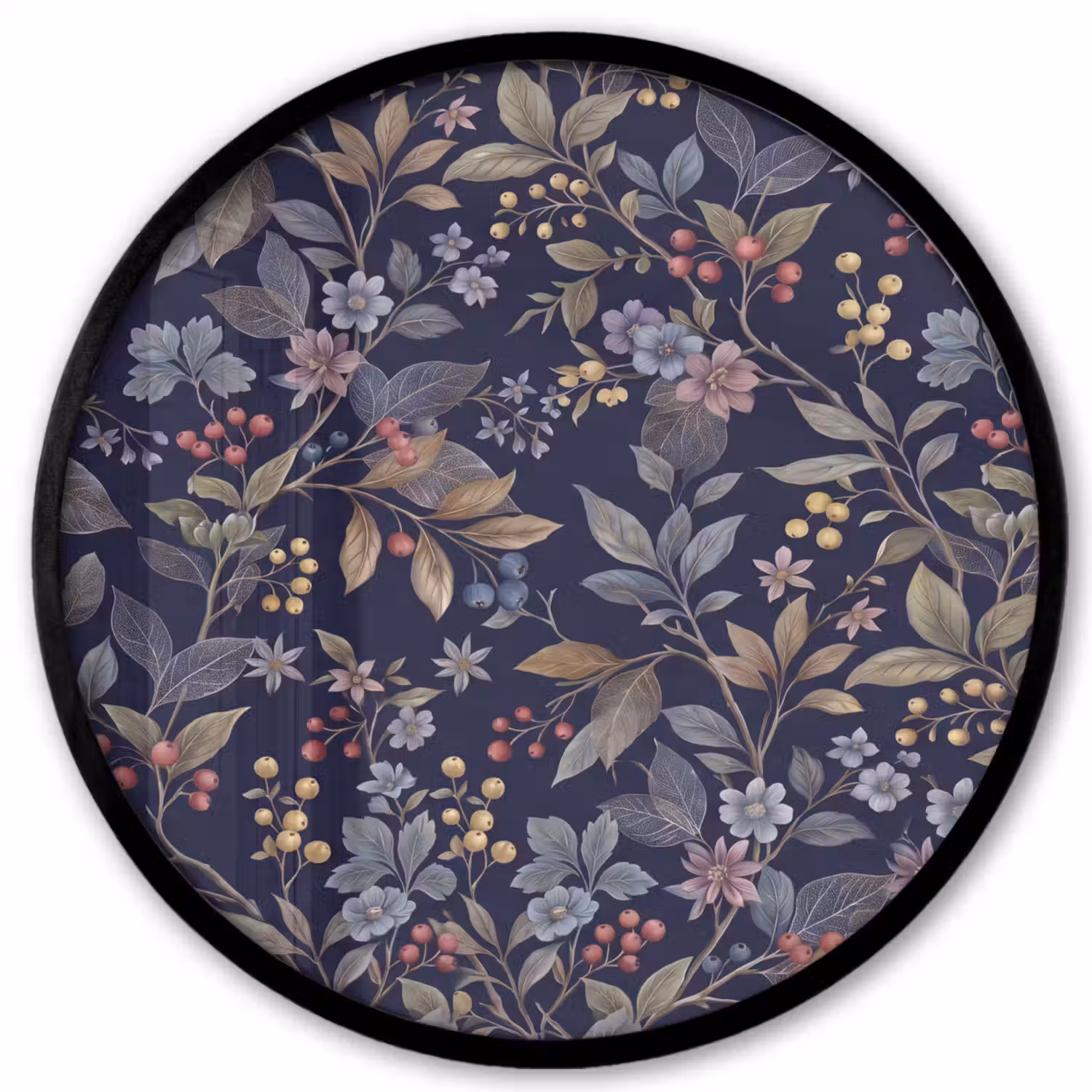 Bloemen - Bladeren - Patroon - Botanisch - Donkerblauw Fotolijst rond zonder passe partout klein -3d