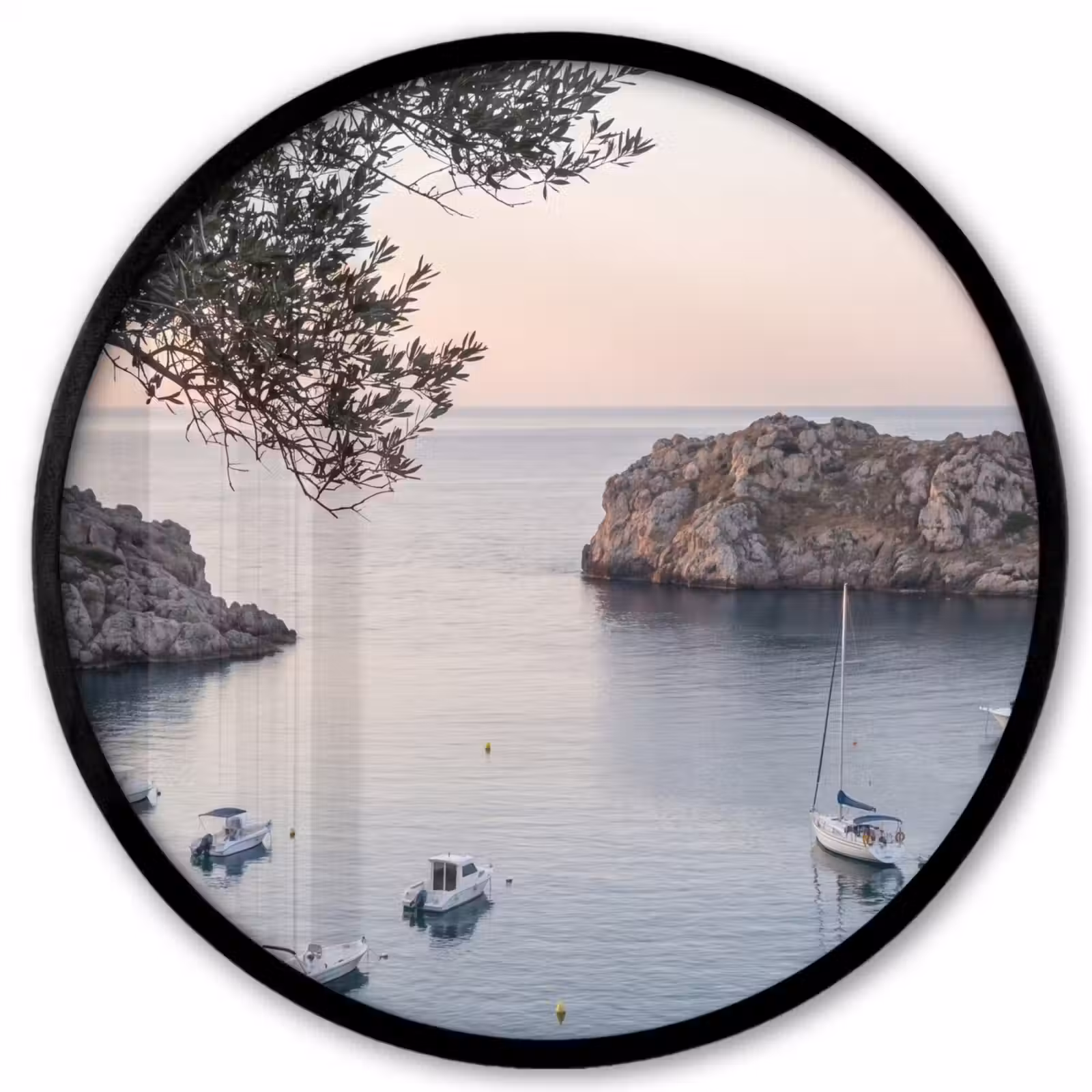 Poster im Rahmen Rund - Bucht – Boote – Sonnenuntergang - Baai - boten - zonsondergang Fotolijst rond zonder passe partout klein