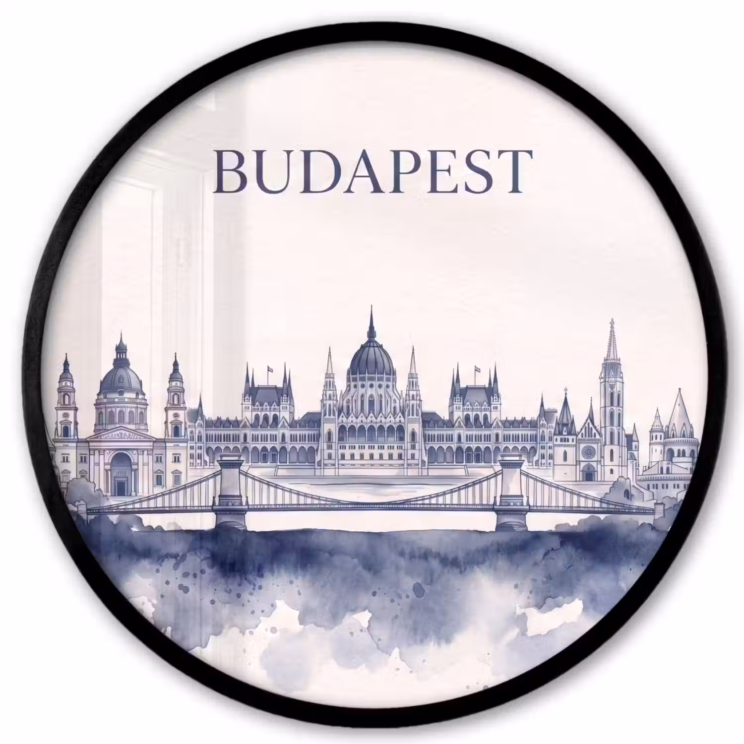 Boedapest - Skyline - Architectuur - Aquarel - Blauw Fotolijst rond zonder passe partout klein -3d