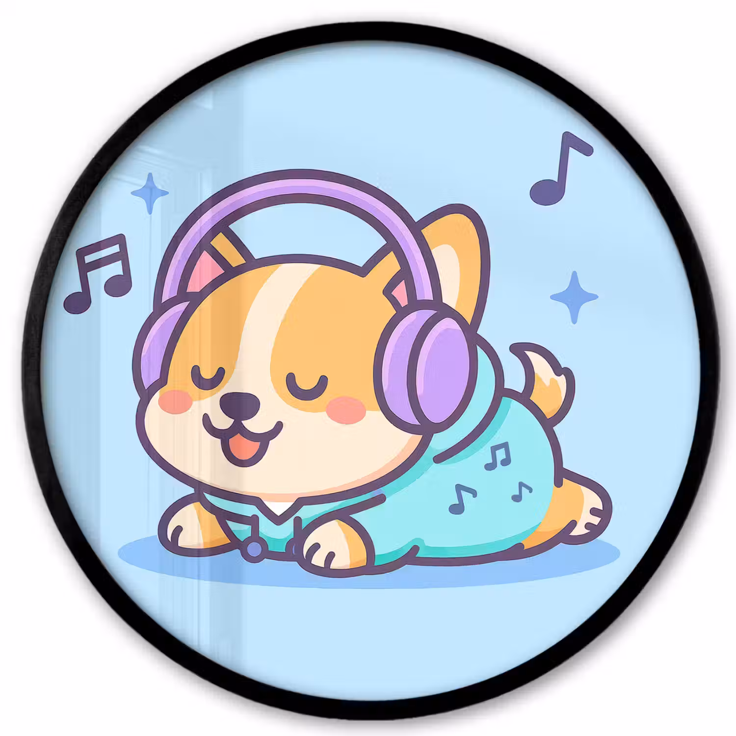 Corgi - Koptelefoon - Blauw - Muzieknoten Fotolijst rond zonder passe partout klein -3d