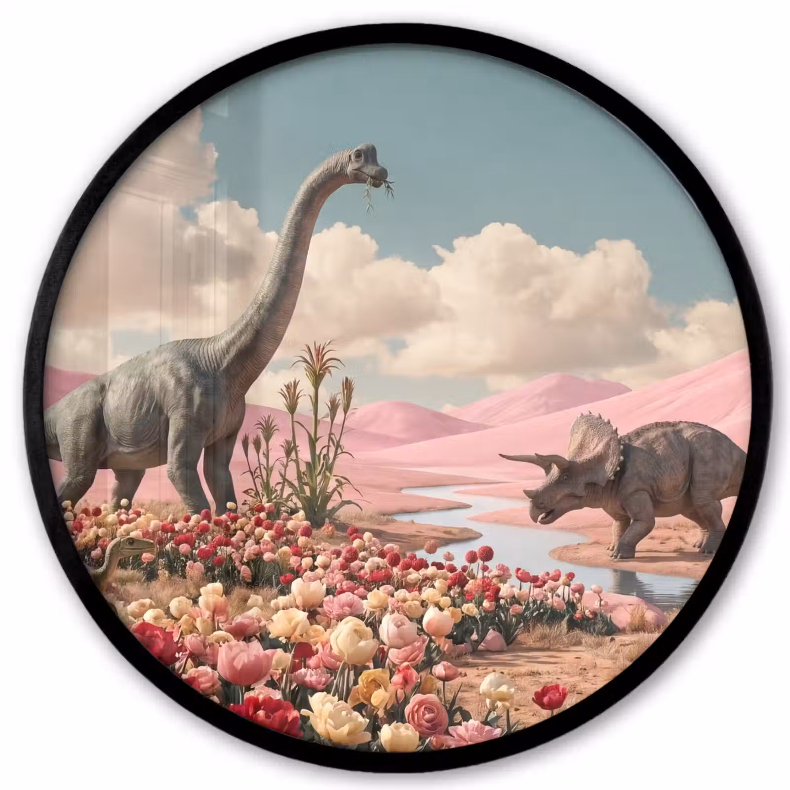 Poster im Rahmen Rund - Dinosaurier – Rosa – Landschaft - Dinosaurus - Roze - Landschap Fotolijst rond zonder passe partout klein