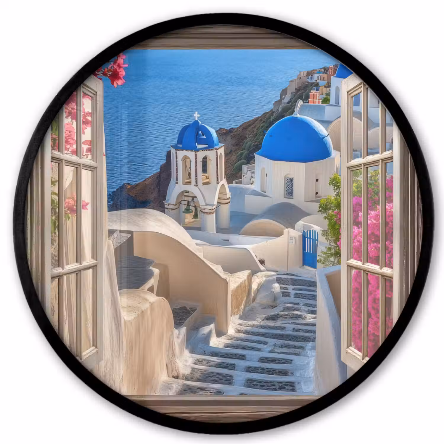 Doorkijk - Santorini - Landschap - Blauw - Grieks Fotolijst rond zonder passe partout klein -3d