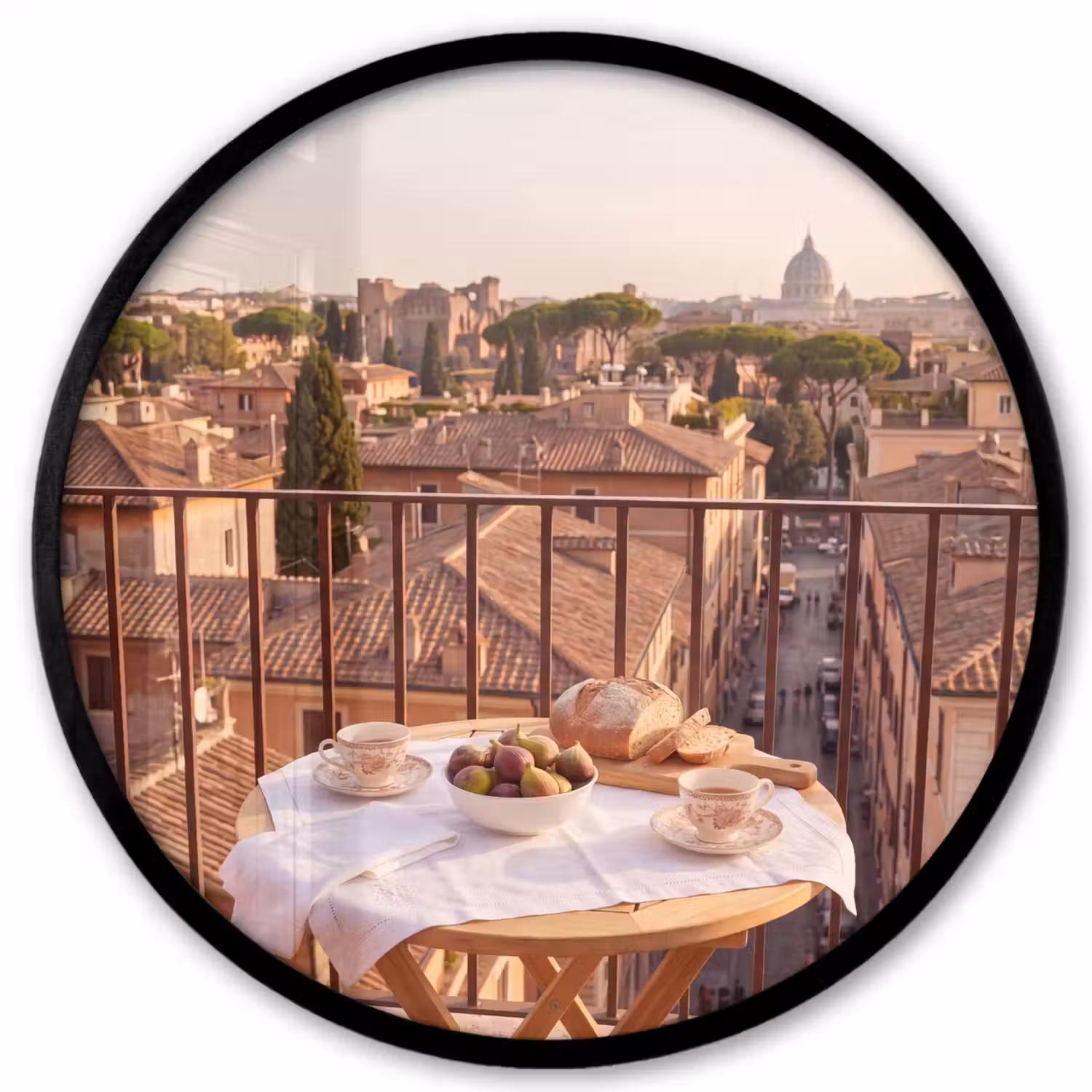 Eten - Ontbijt - Balkon - Stad - Zonsopgang Fotolijst rond zonder passe partout klein -3d