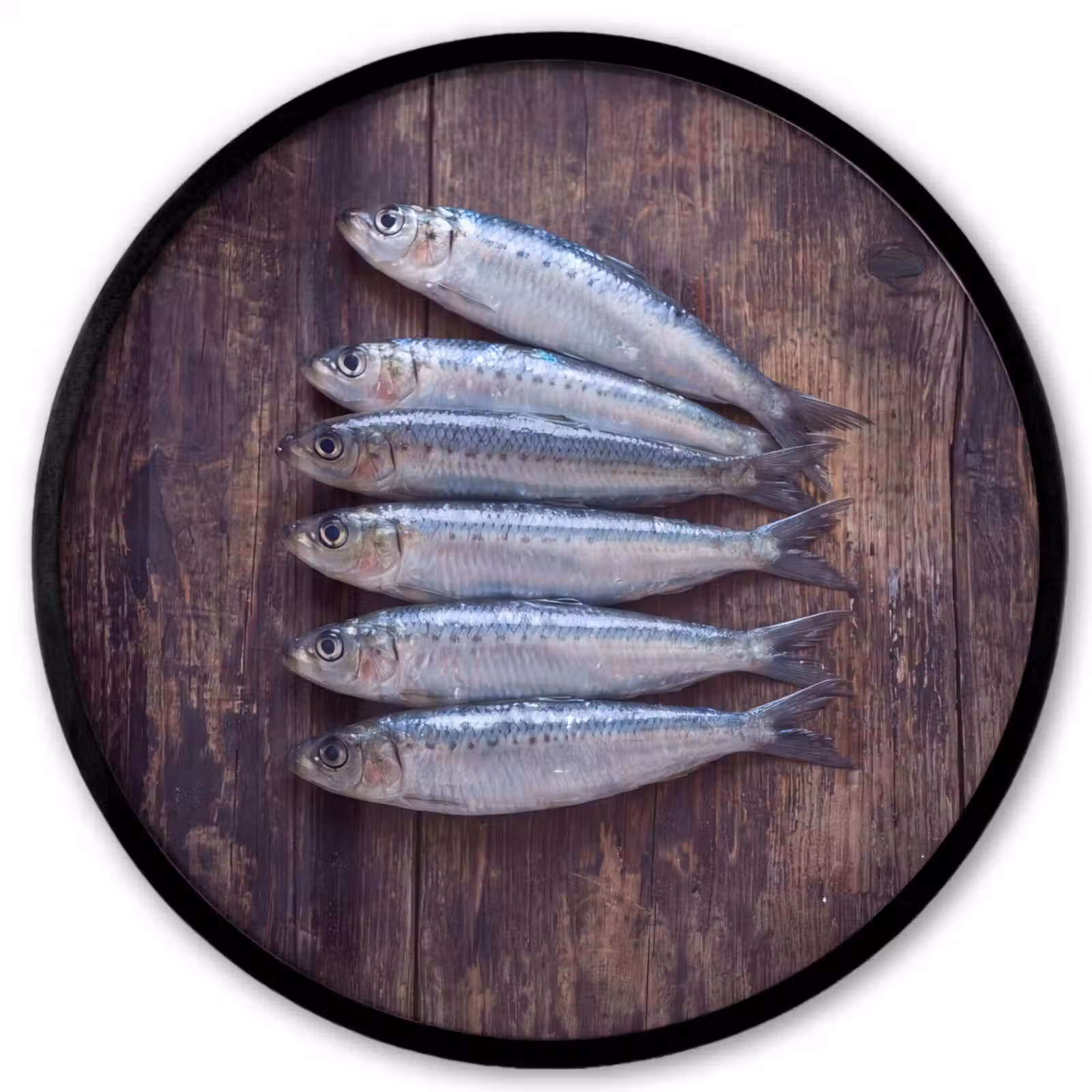 Poster im Rahmen Rund - Fisch – Holz – Essen - Vis - Hout - Eten Fotolijst rond zonder passe partout klein
