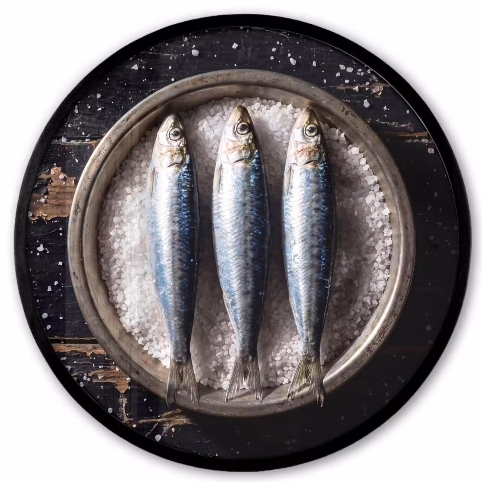 Poster im Rahmen Rund - Fisch – Salz – Essen - Vis - Zout - Eten Fotolijst rond zonder passe partout klein