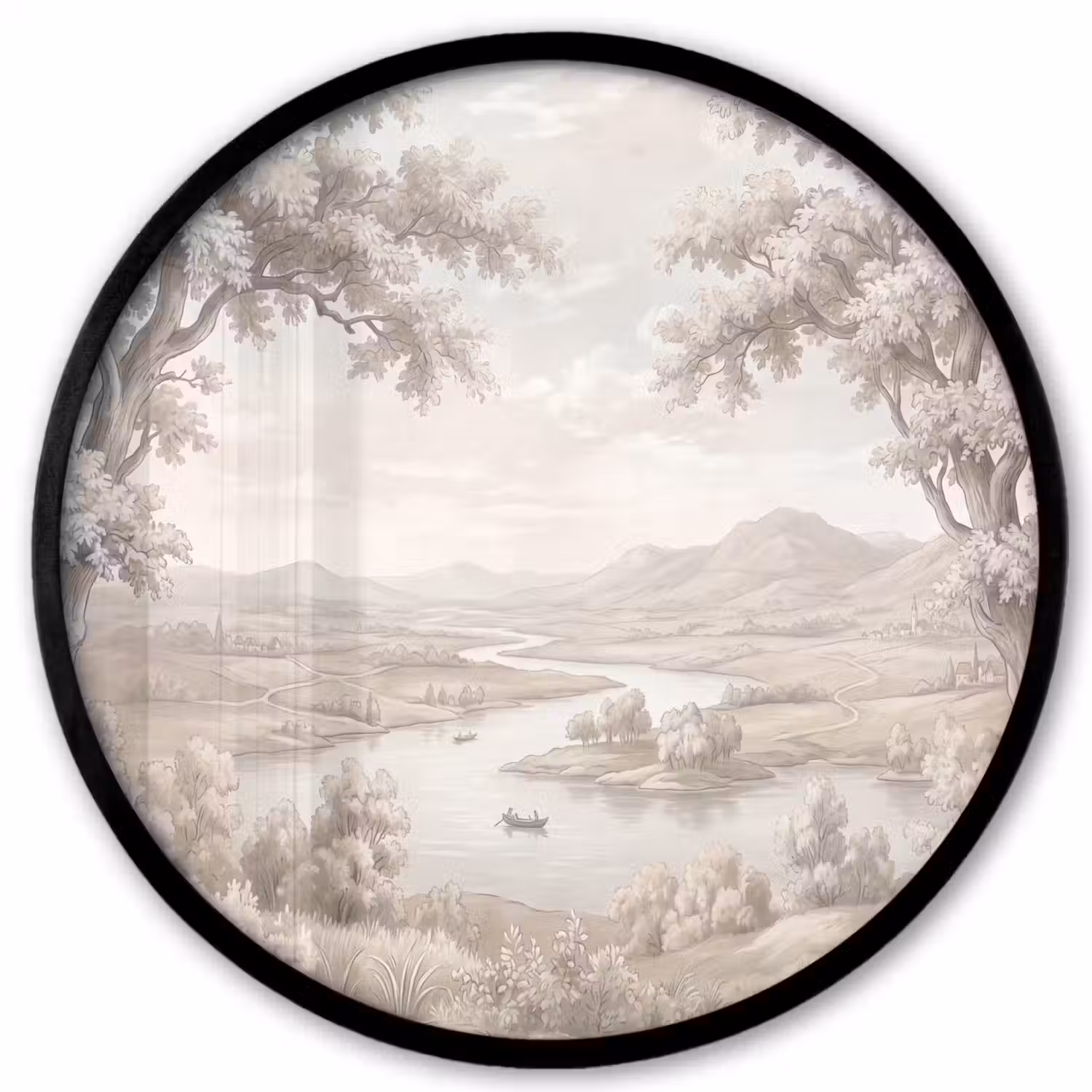 Rivierlandschap - Bergen - Natuur - Vintage - Beige Fotolijst rond zonder passe partout klein -3d