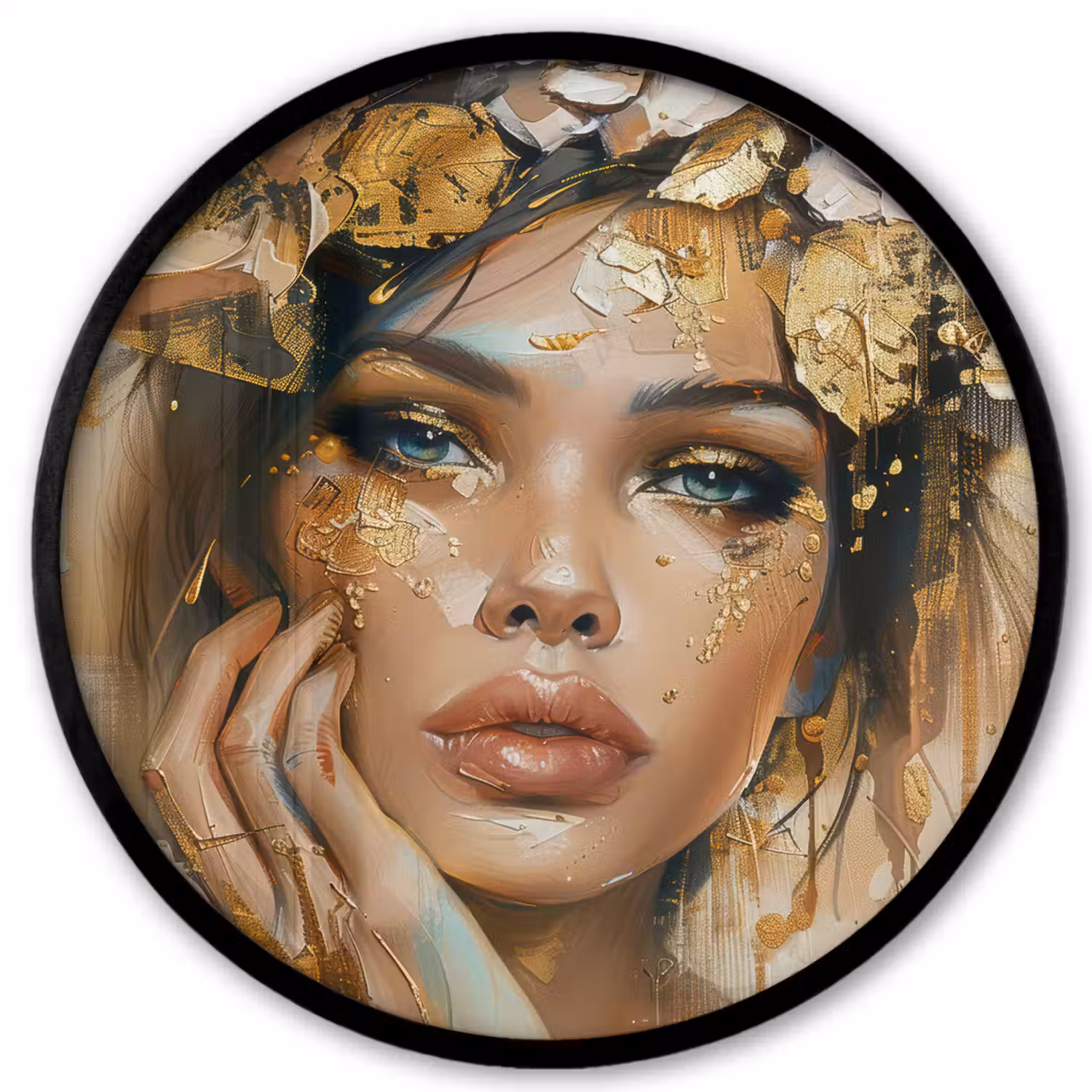Vrouw - Bloemen - Goud - Portret Fotolijst rond zonder passe partout klein -3d