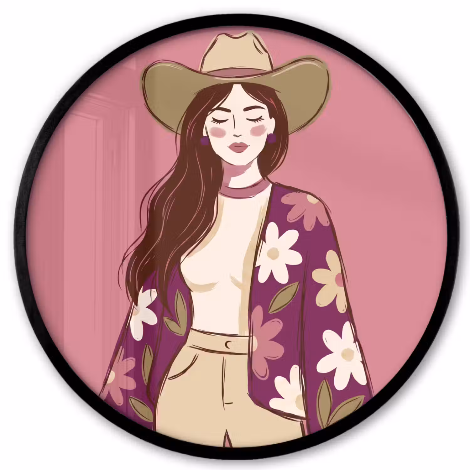 Vrouw - Hoed - Portret - Illustratie - Roze Fotolijst rond zonder passe partout klein -3d