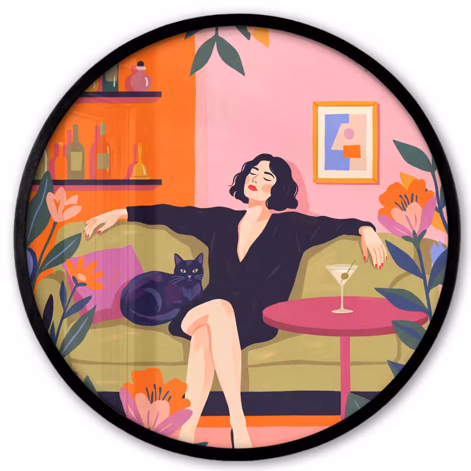 Vrouw - Kat - Interieur - Modern - Kleurrijk Fotolijst rond zonder passe partout klein -3d