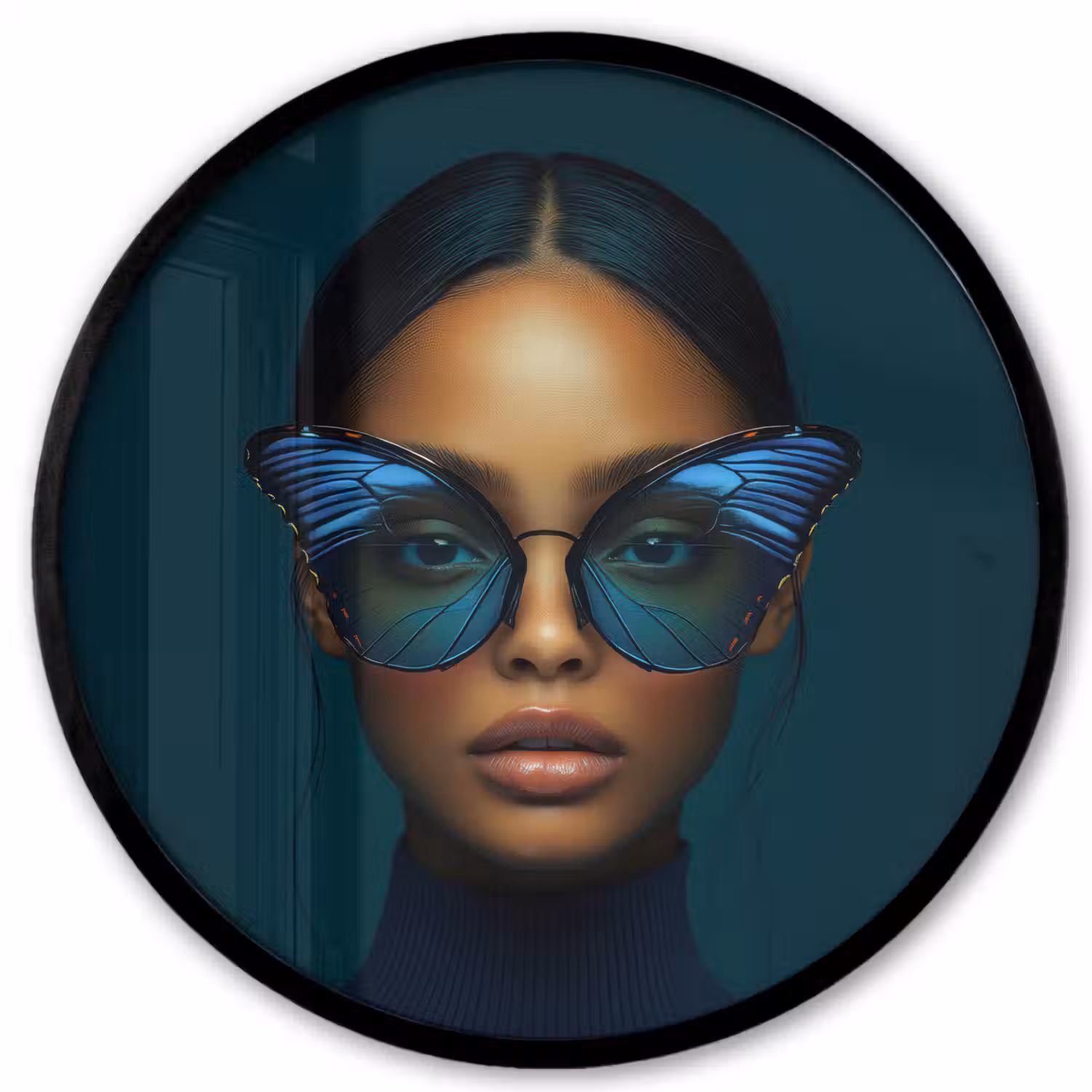 Vrouw - Vlinder - Bril - Blauw - Modern - Portret Fotolijst rond zonder passe partout klein -3d