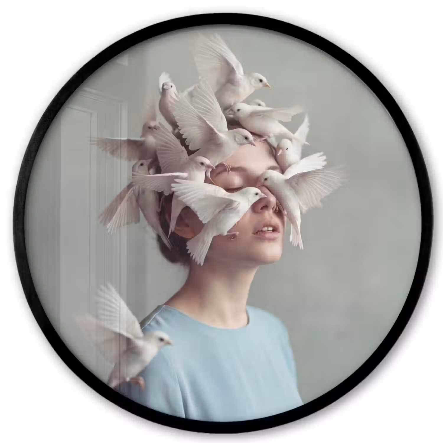 Vrouw - Vogels - Abstract - Modern - Wit Fotolijst rond zonder passe partout klein -3d