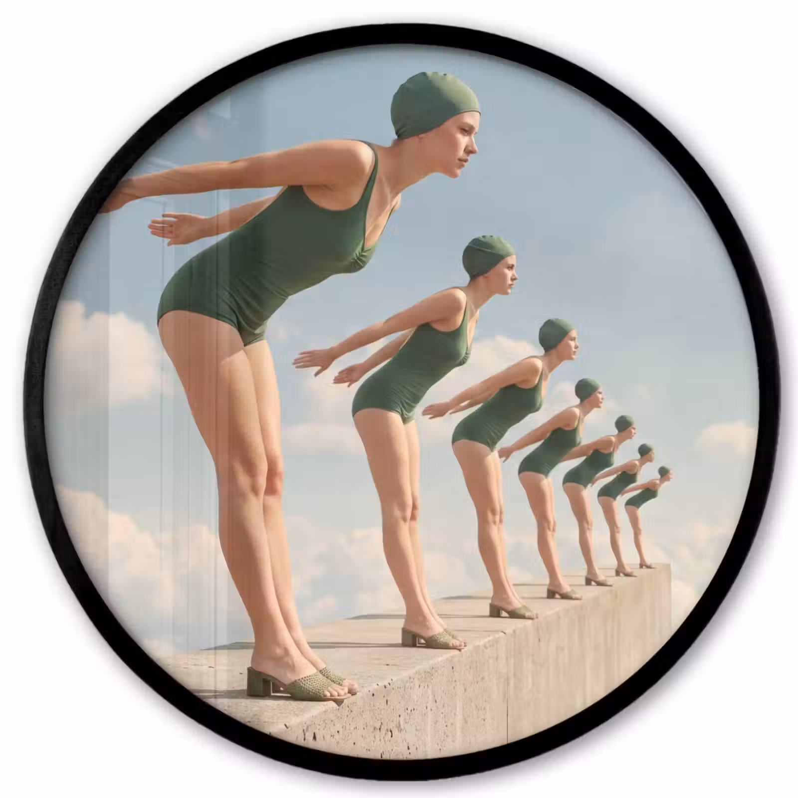 Poster im Rahmen Rund - Frauen – Tauchhaltung – Wolken - Vrouwen - Duikhouding - Wolken Fotolijst rond zonder passe partout klein