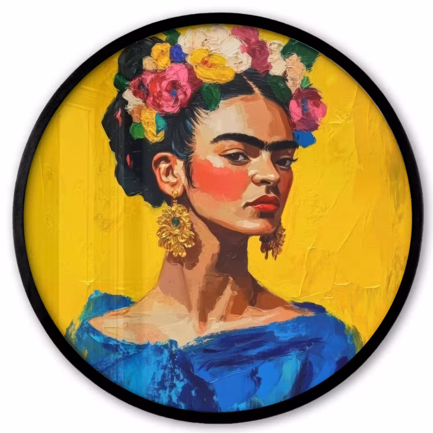 Frida Kahlo - Vrouw - Geel - Blauw - Bloemen Fotolijst rond zonder passe partout klein -3d