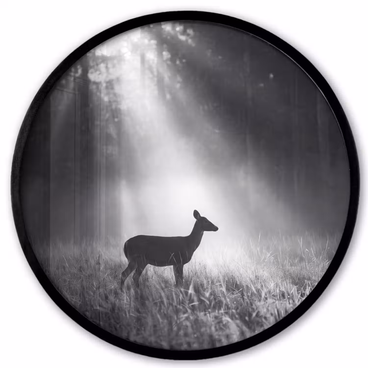 Hert - Bos - Zonnestralen - Zwart-wit - Natuur Fotolijst rond zonder passe partout klein -3d