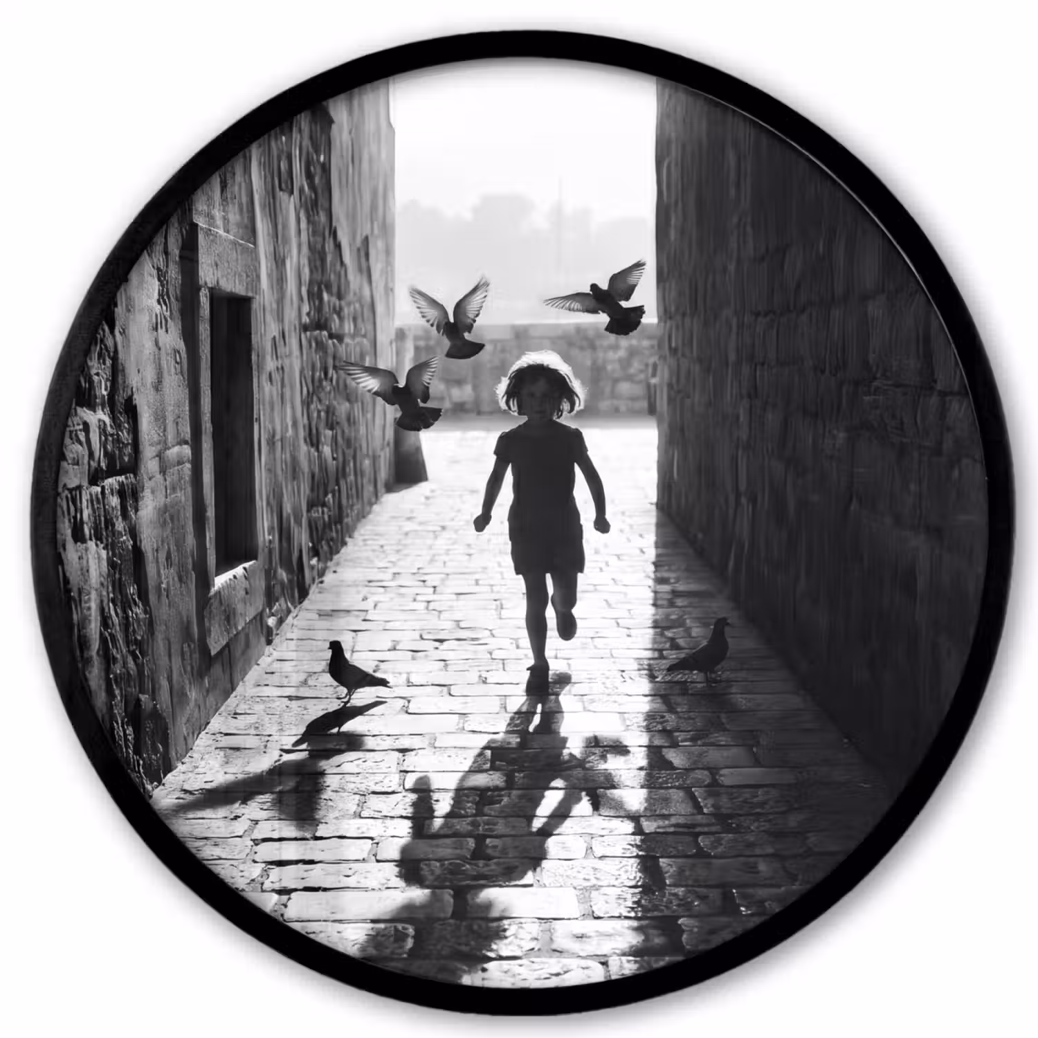 Kind - Vogel - Straat - Zwart-wit - Spelen Fotolijst rond zonder passe partout klein -3d