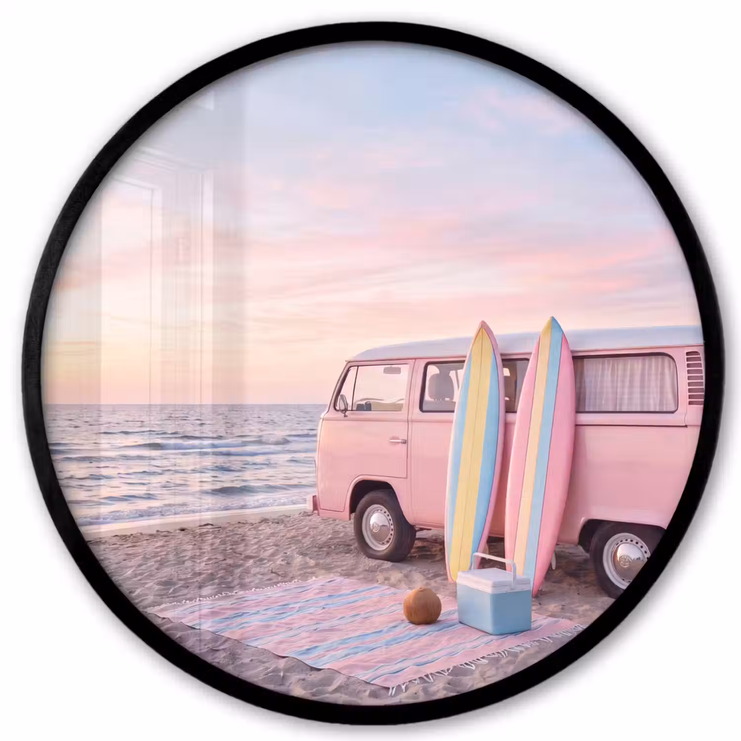 Busje - Strand - Surfplank - Zomer - Roze Fotolijst rond zonder passe partout klein -3d