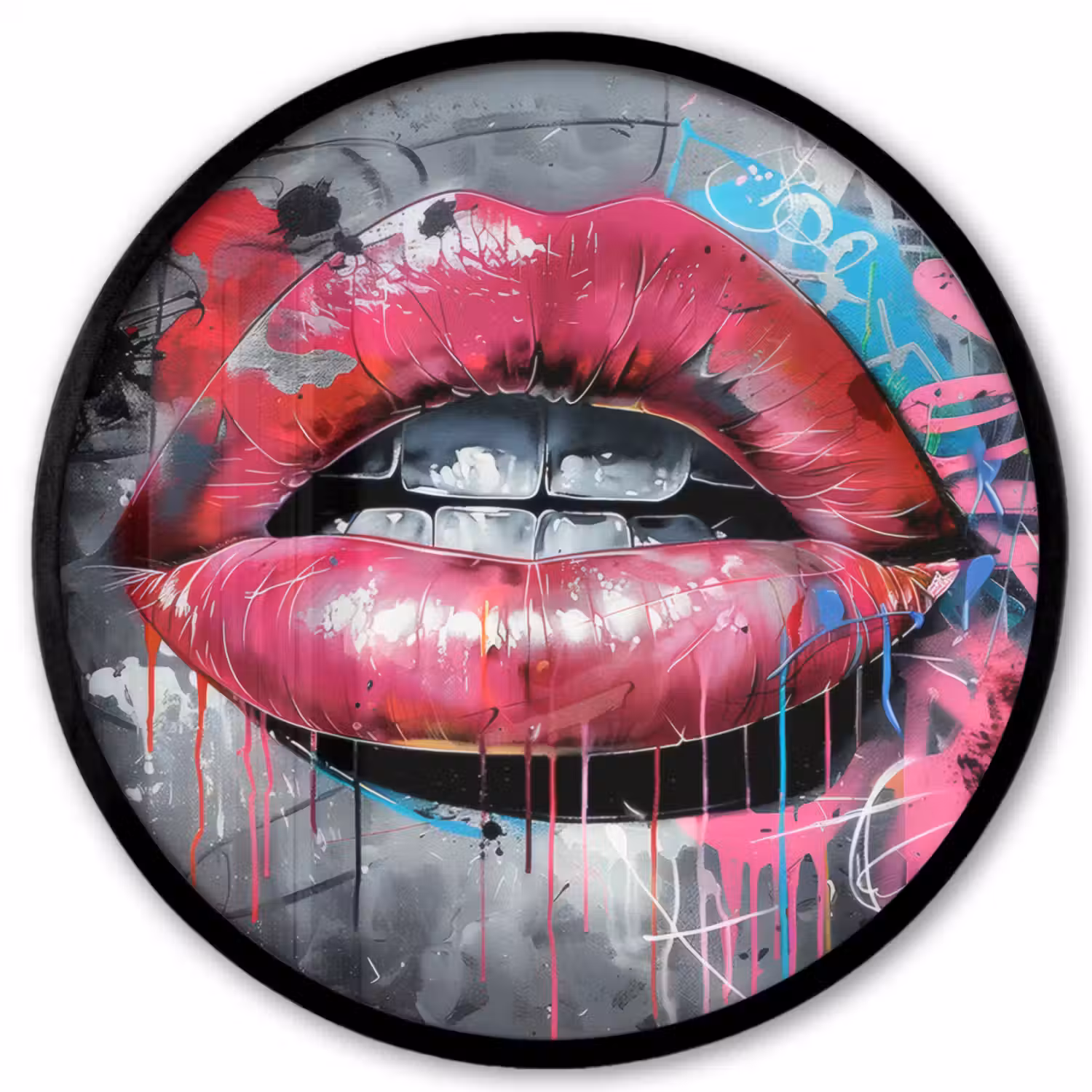 Lippen - Felroze - Graffiti - Verfstrepen Fotolijst rond zonder passe partout klein -3d