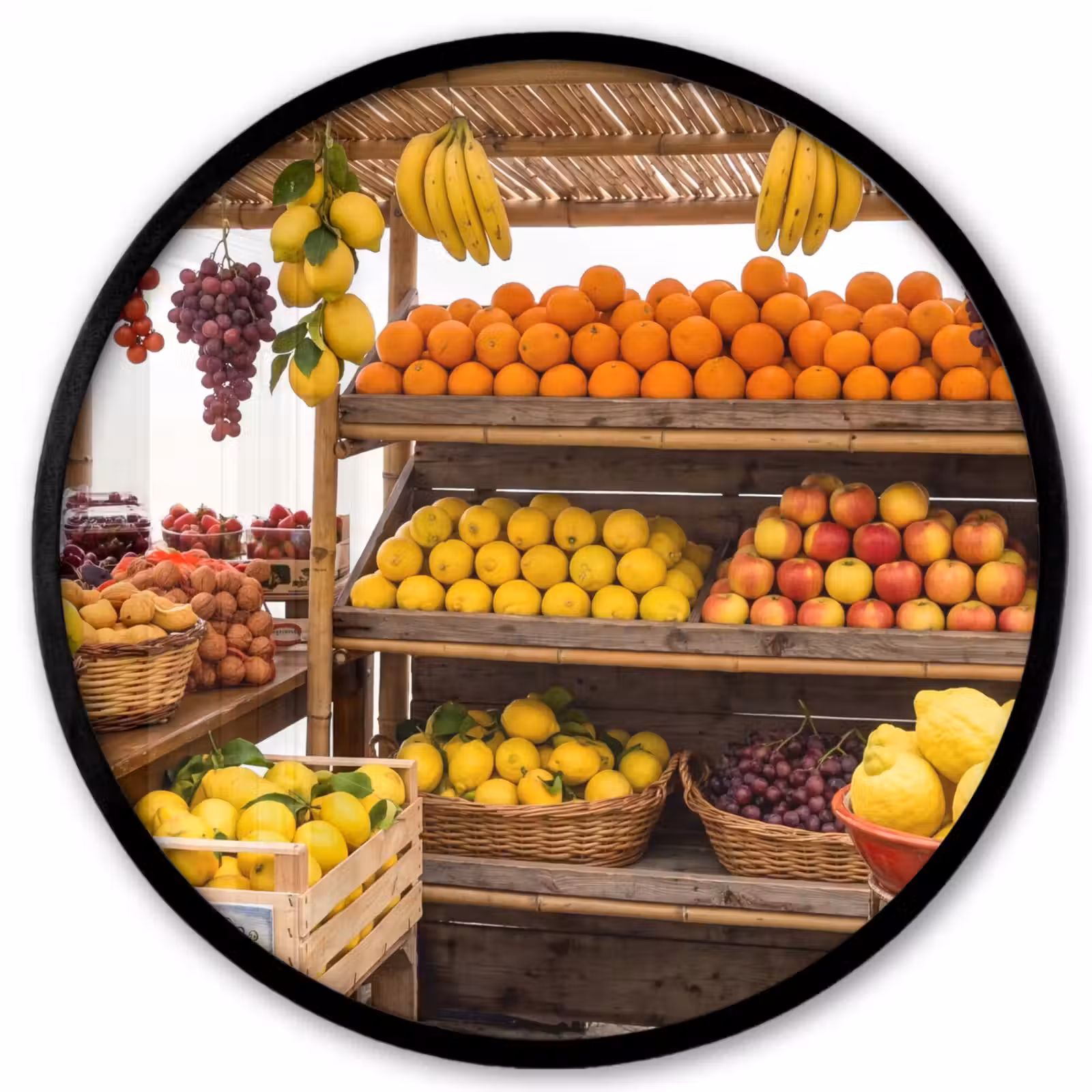 Poster im Rahmen Rund - Marktstand – Obst – Frisch - Marktkraam - Fruit - Vers Fotolijst rond zonder passe partout klein
