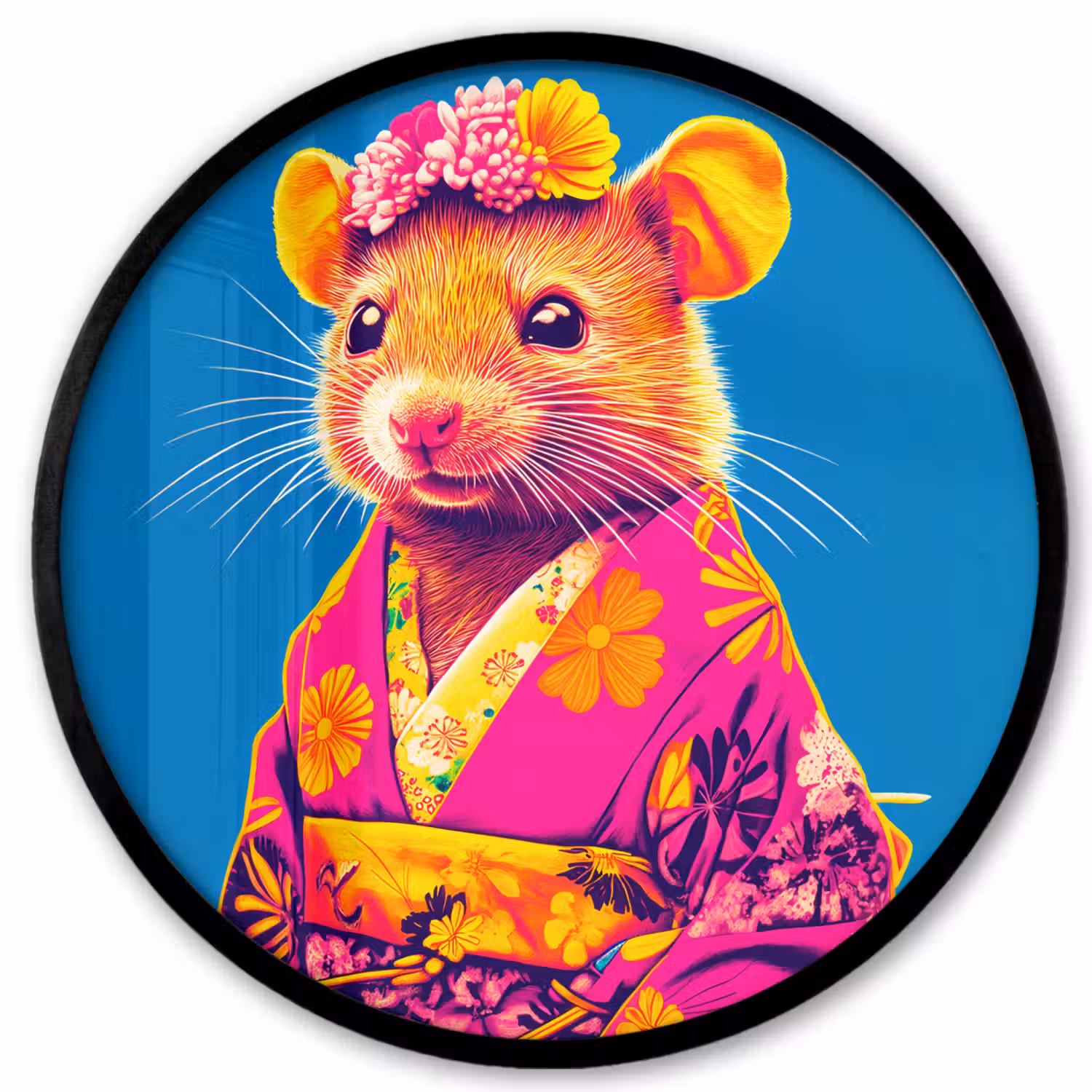 Muis - Kimono - Bloemen - Blauw Fotolijst rond zonder passe partout klein -3d