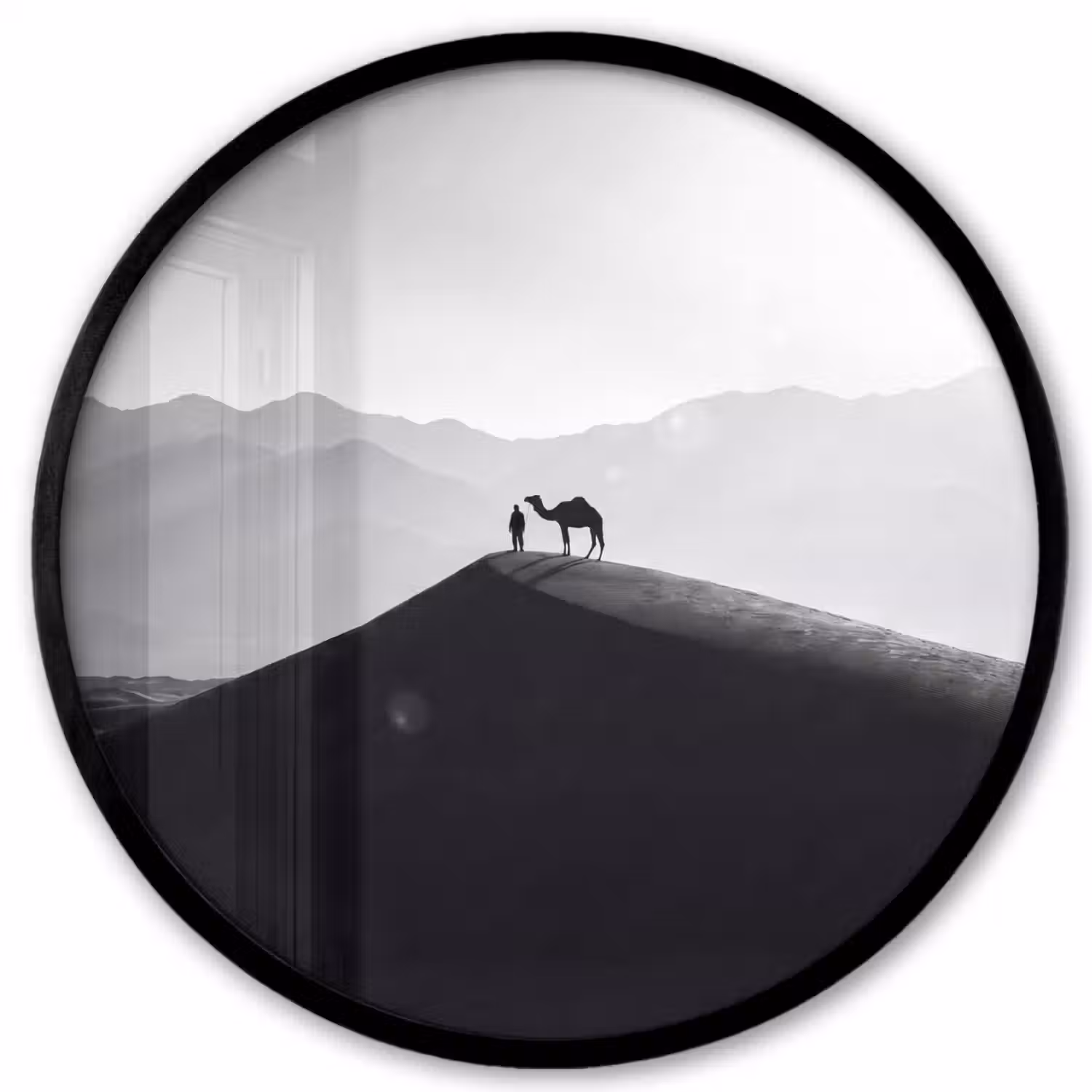 Mens - Kameel - Zandduin - Natuur - Monochroom Fotolijst rond zonder passe partout klein -3d