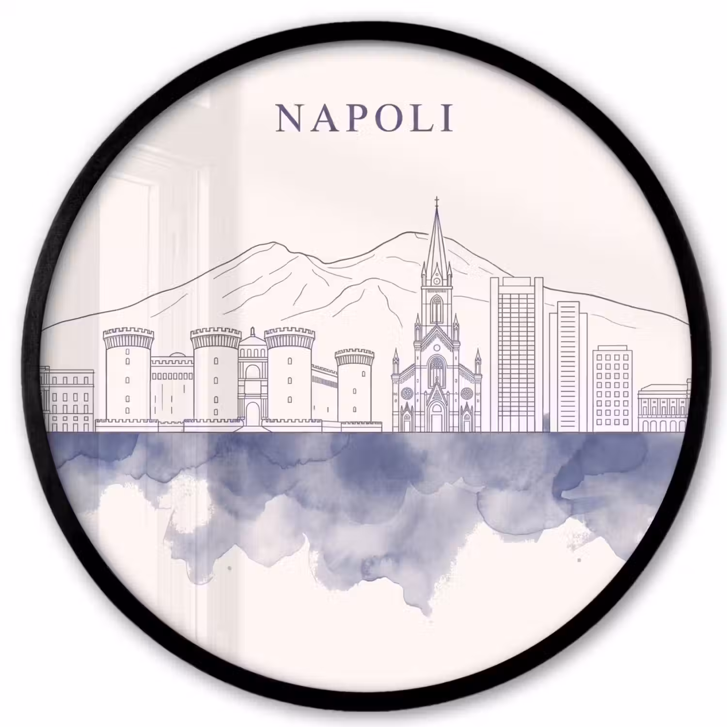 Napels - Skyline - Italie - Lijntekening - Aquarel Fotolijst rond zonder passe partout klein -3d