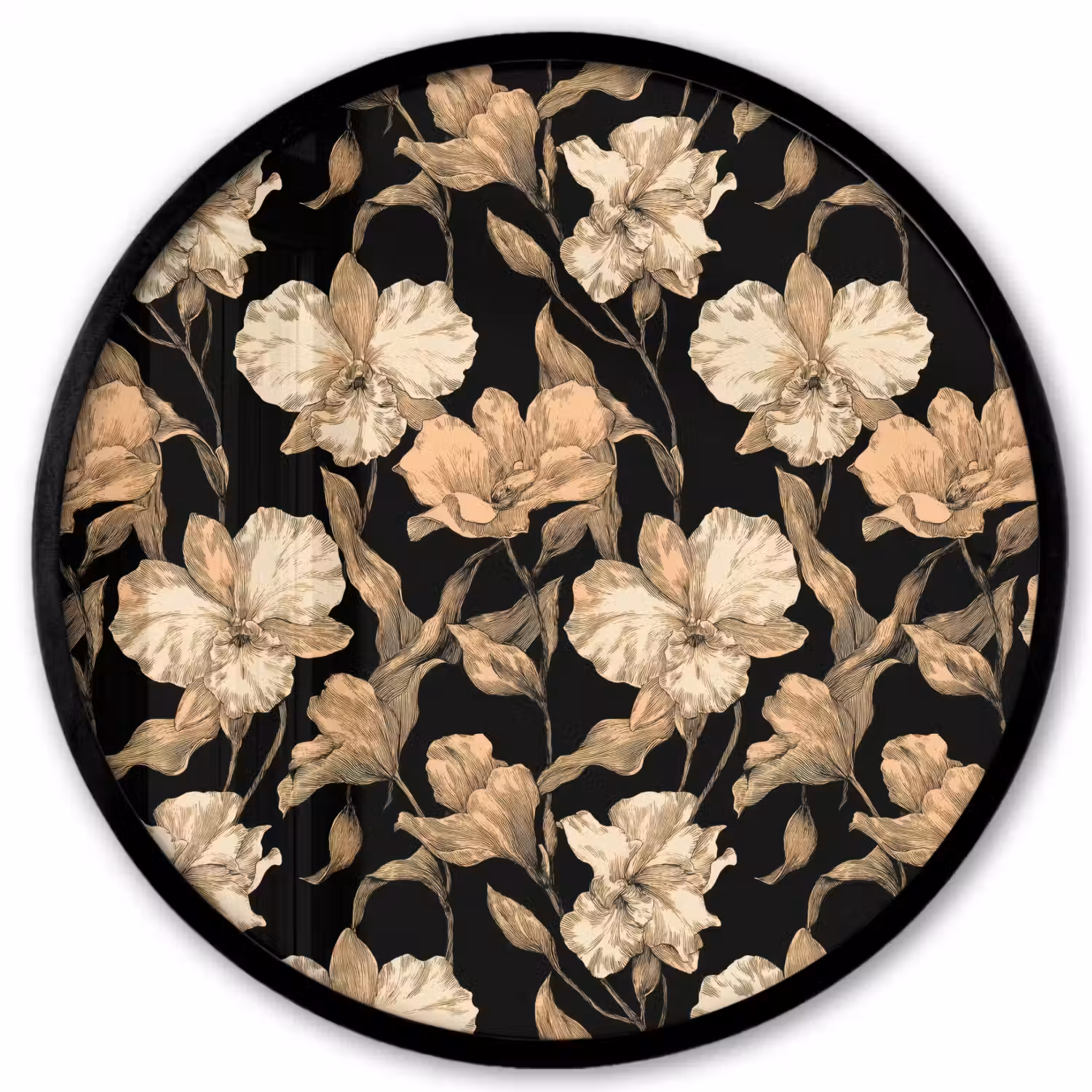 Orchideeën - Lijntekening - Patroon - Beige - Zwart Fotolijst rond zonder passe partout klein 856 -3d