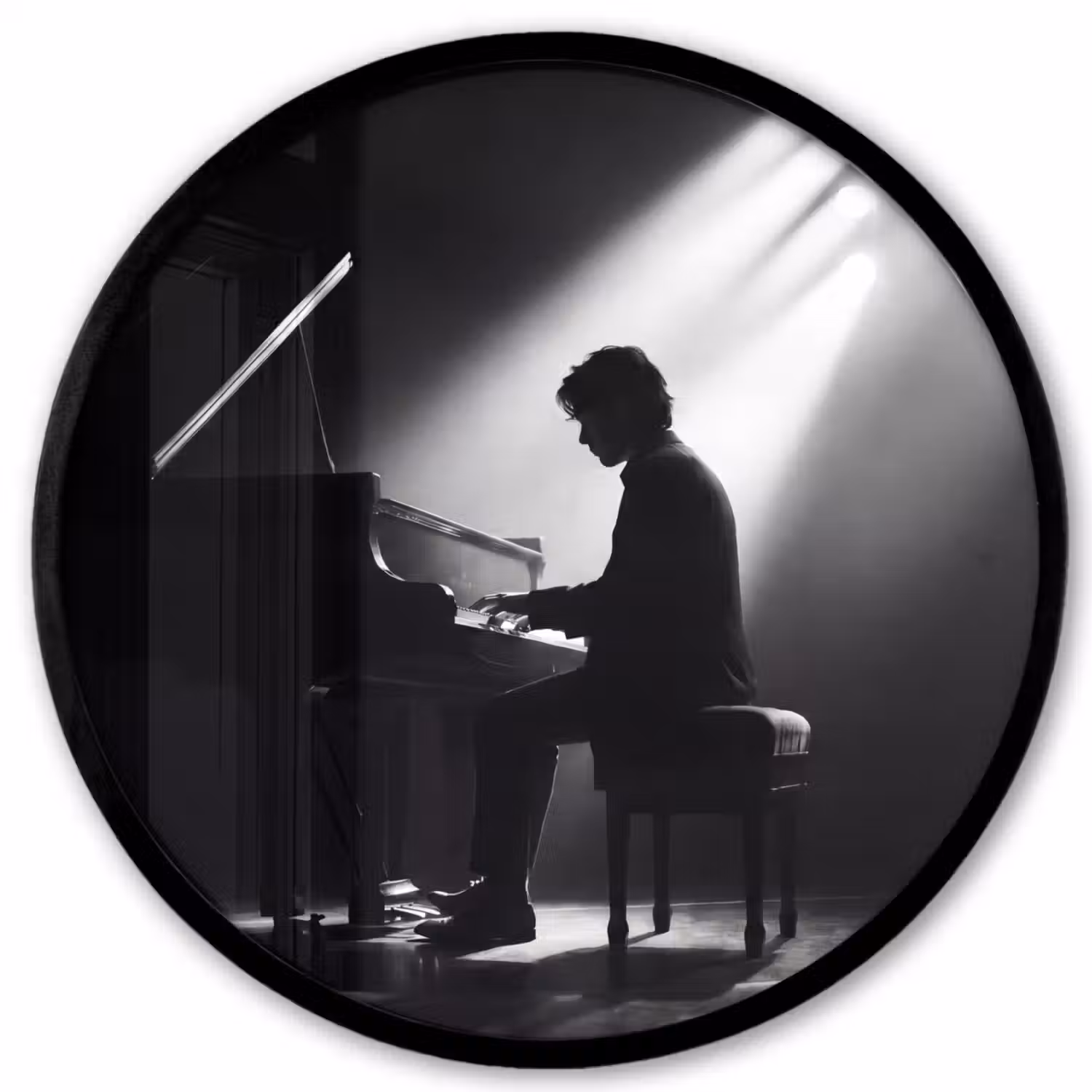 Persoon - Piano - Muziek - Zwart-wit - Podium Fotolijst rond zonder passe partout klein -3d
