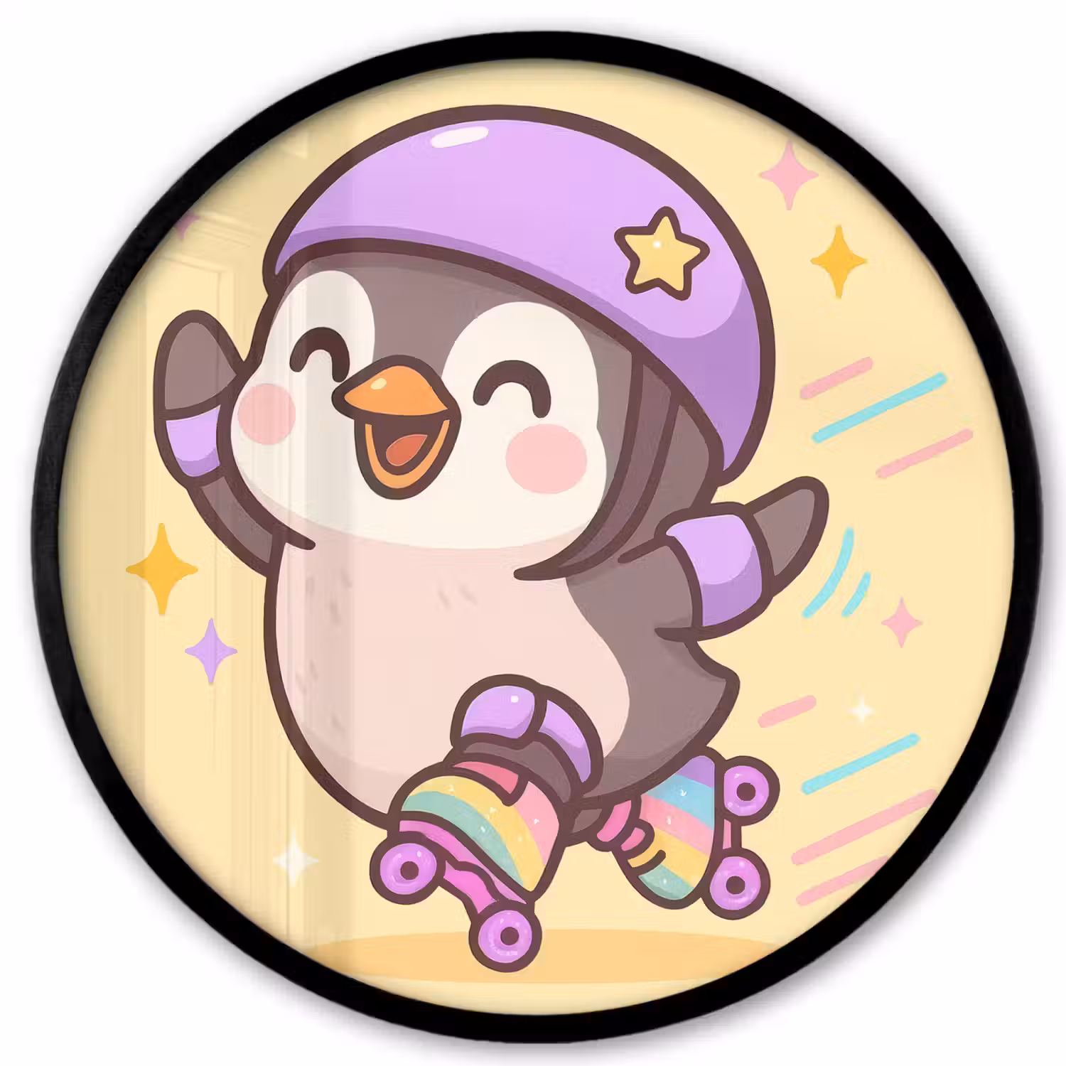 Pinguïn - Rolschaatsen - Geel - Energiek Fotolijst rond zonder passe partout klein -3d