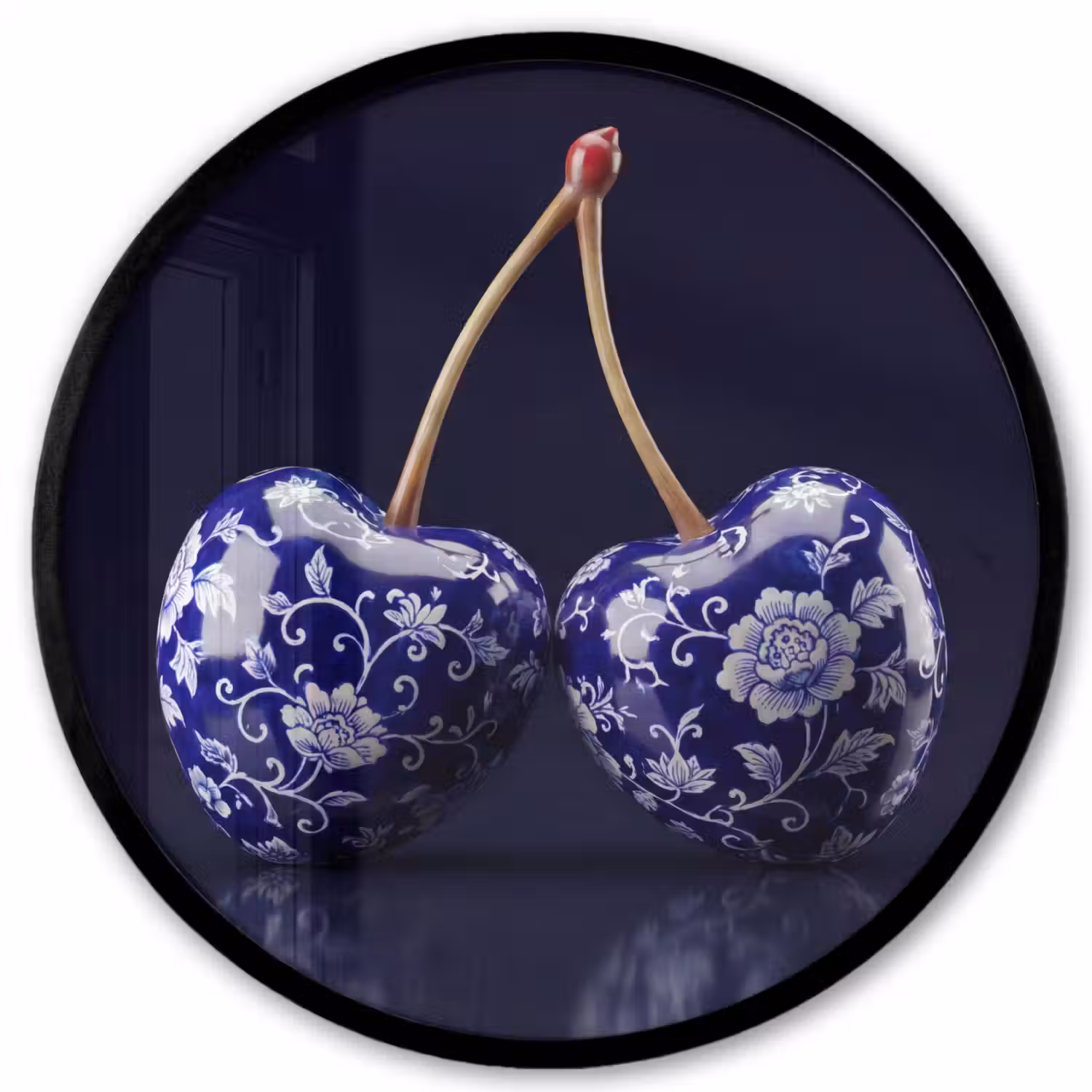 Porselein- Kersen - Delfts - Blauw Fotolijst rond zonder passe partout klein -3d