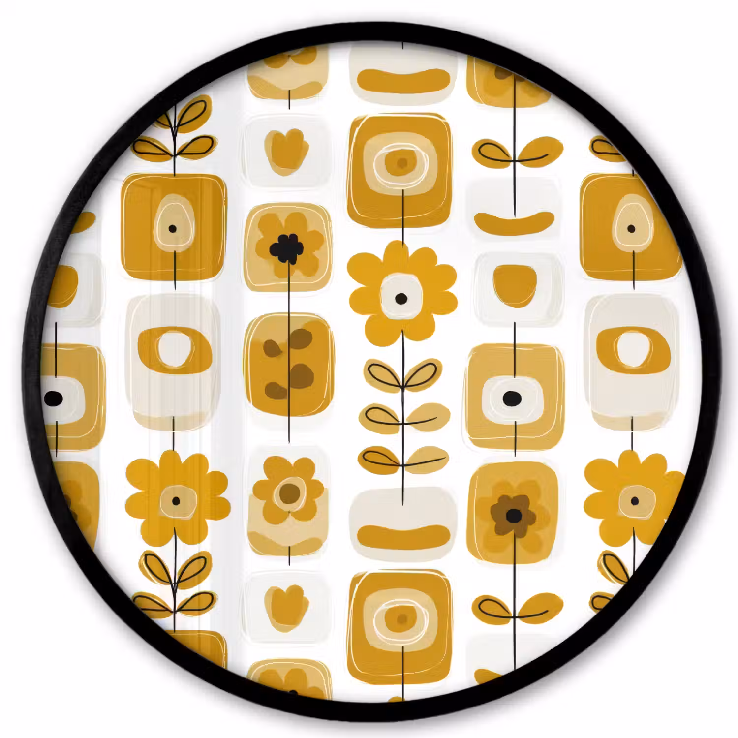 Retro - Abstract - Bloemen - Okergeel Fotolijst rond zonder passe partout klein 856 -3d
