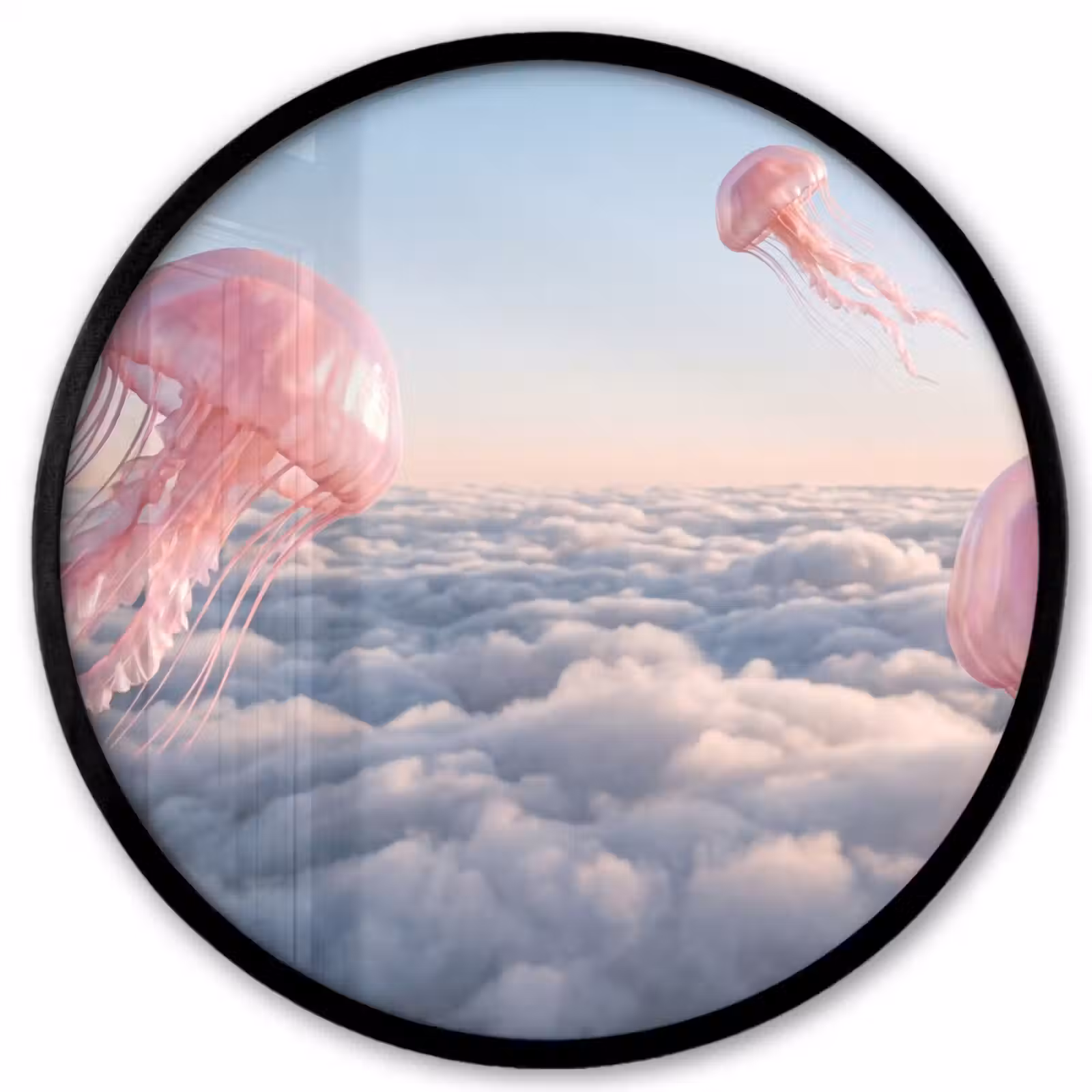 Poster im Rahmen Rund - Rosa Tier – Wolken - Roze dier - Wolken Fotolijst rond zonder passe partout klein