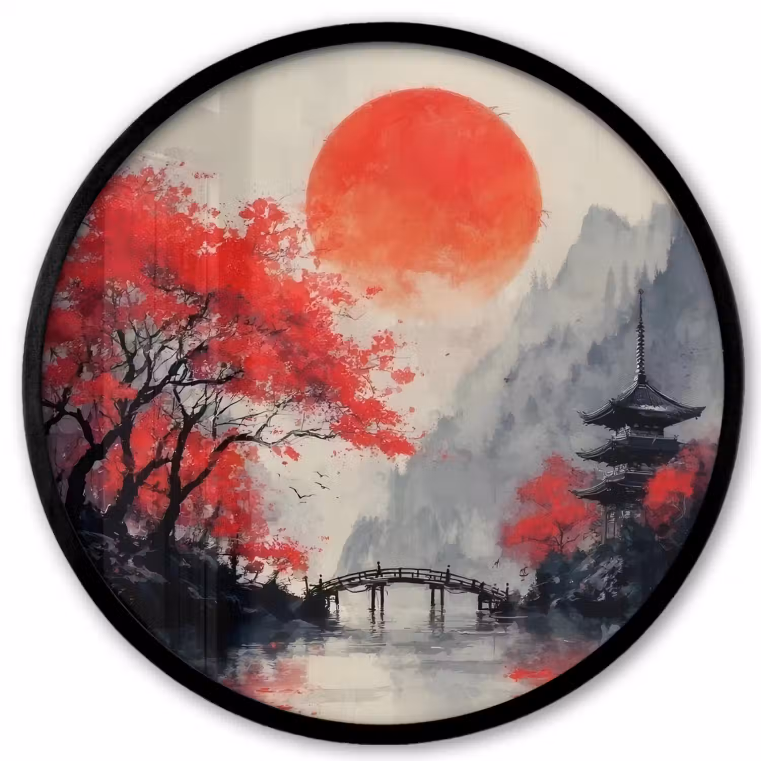 Rode zon - Rivier - brug - Bomen Fotolijst rond zonder passe partout klein -3d