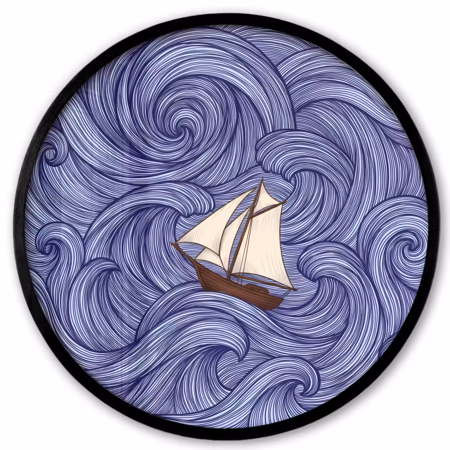 Schip - Golven - Zee - Illustratie - Blauw Fotolijst rond zonder passe partout klein -3d