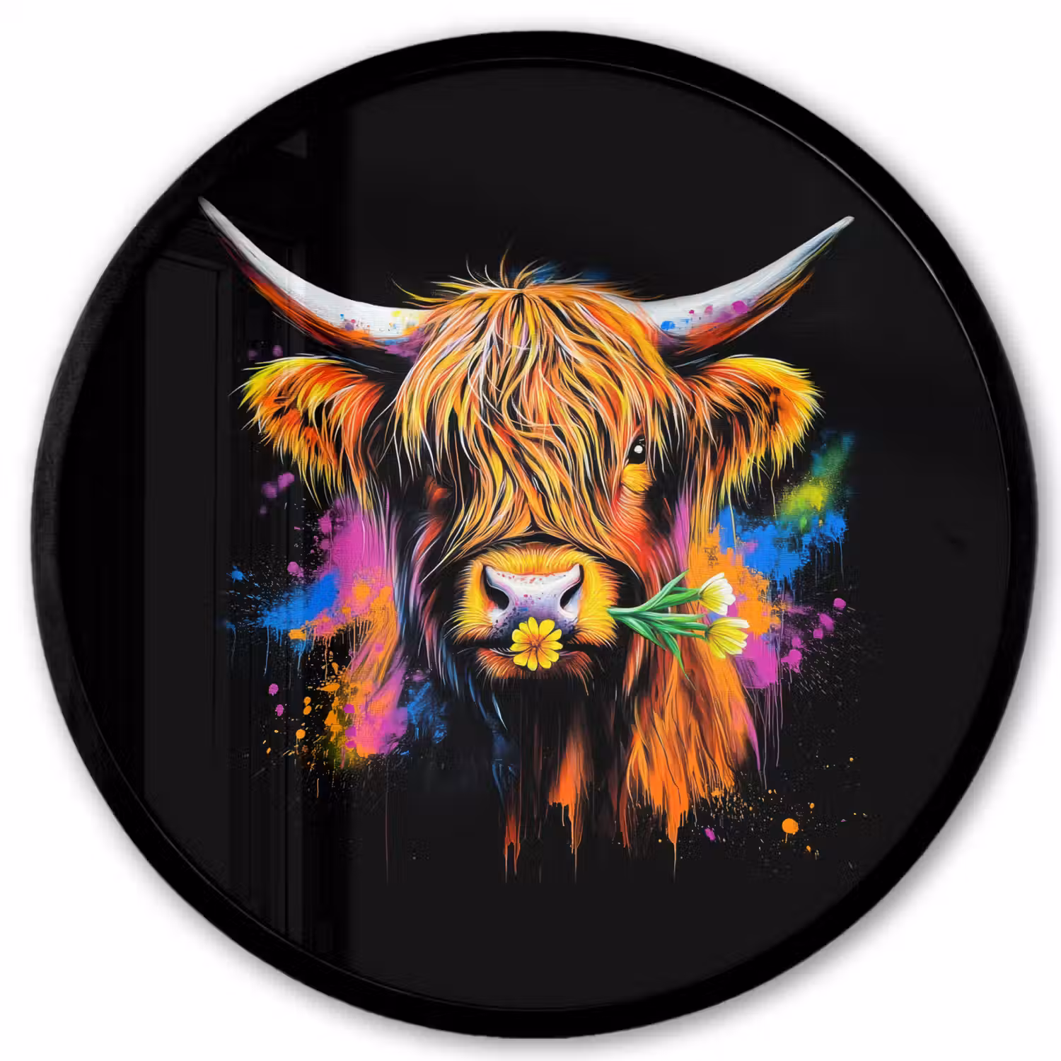 Schotse Hooglander - Graffiti - Kleurrijk - Bloem - Dieren Fotolijst rond zonder passe partout klein -3d