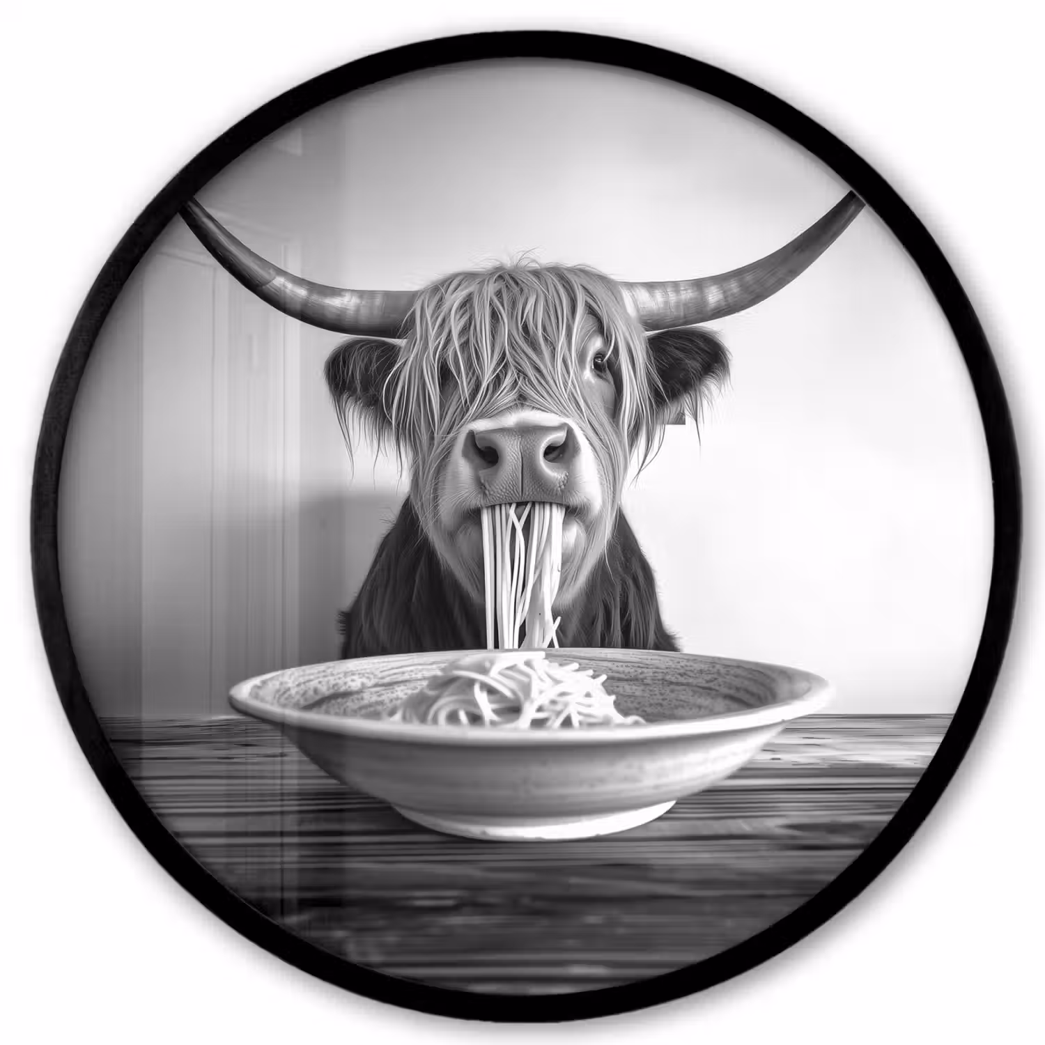 Schotse Hooglander - Spaghetti - Dieren - Zwart wit Fotolijst rond zonder passe partout klein -3d