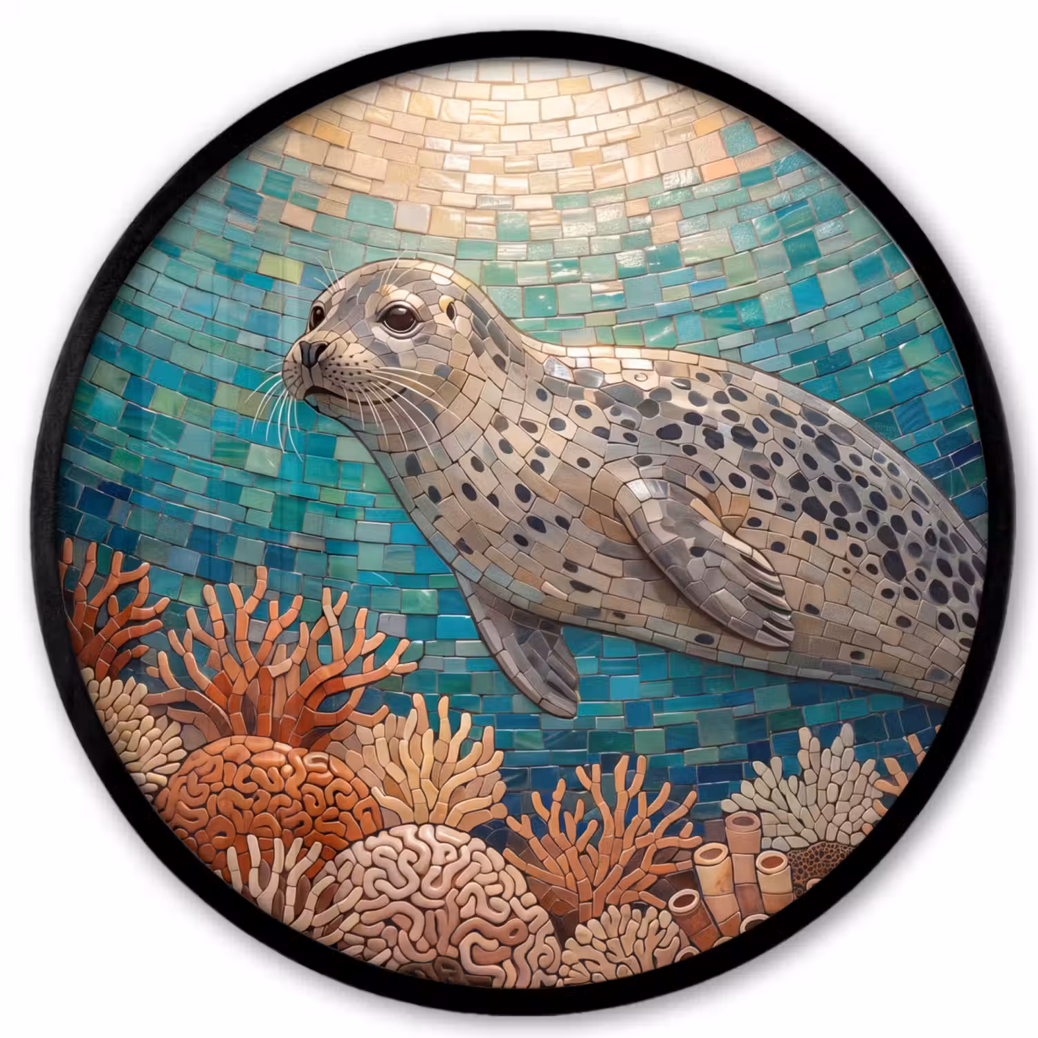 Zeehond - Mozaïek - Onderwater - Dieren - Blauw Fotolijst rond zonder passe partout klein -3d