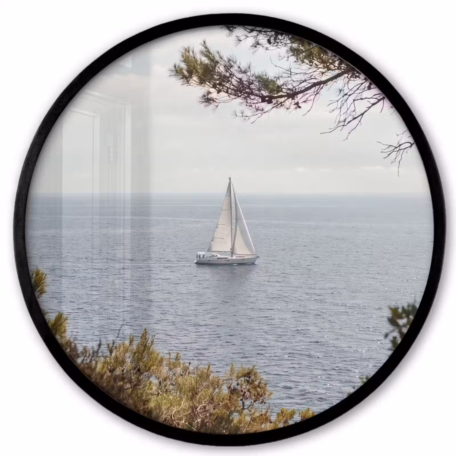Poster im Rahmen Rund - Segelboot – Bäume – Wasser - Zeilboot - bomen - water Fotolijst rond zonder passe partout klein