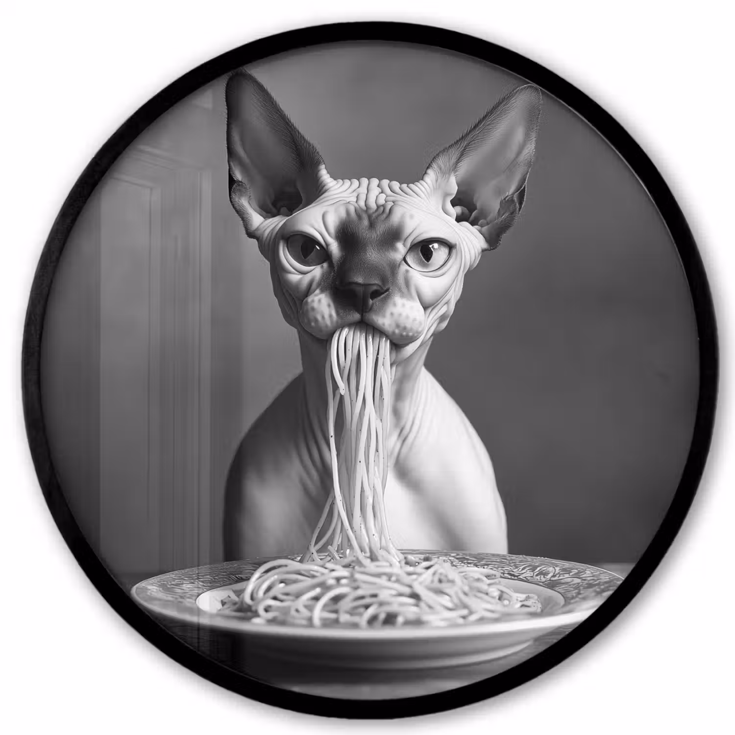 Sphynx - Kat - Dieren - Humor - Spaghetti - Zwart Wit Fotolijst rond zonder passe partout klein -3d