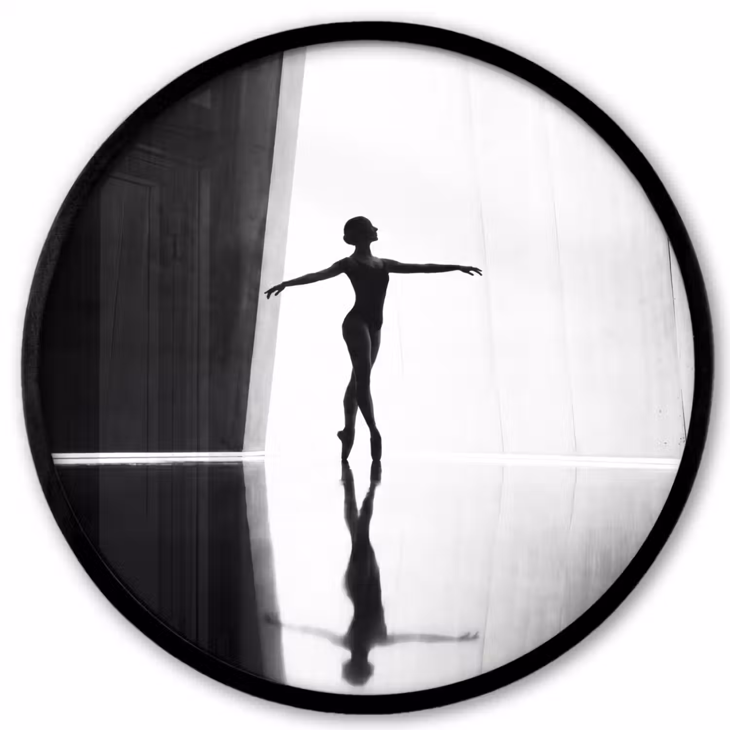 Danser - Silhouette - Kunst - Modern - Zwart-wit Fotolijst rond zonder passe partout klein -3d