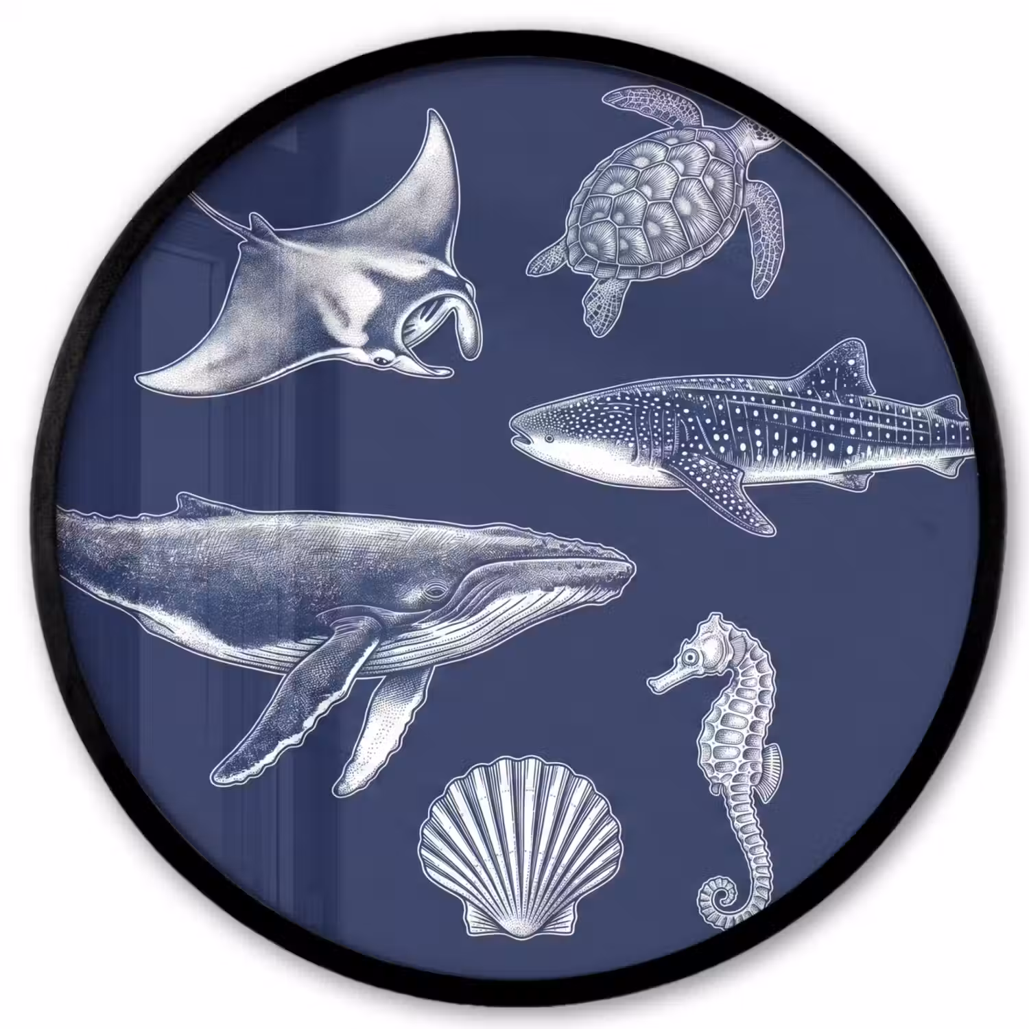 Dieren - Zeeleven - Oceaan - Graveren - Blauw Fotolijst rond zonder passe partout klein -3d