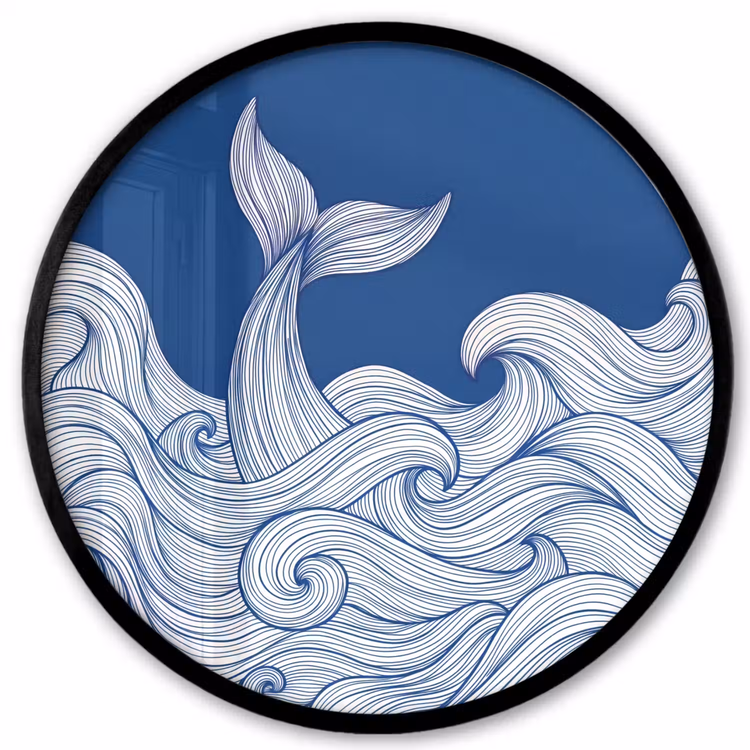 Walvis - Staart - Golven - Lijntekening - Blauw Fotolijst rond zonder passe partout klein -3d