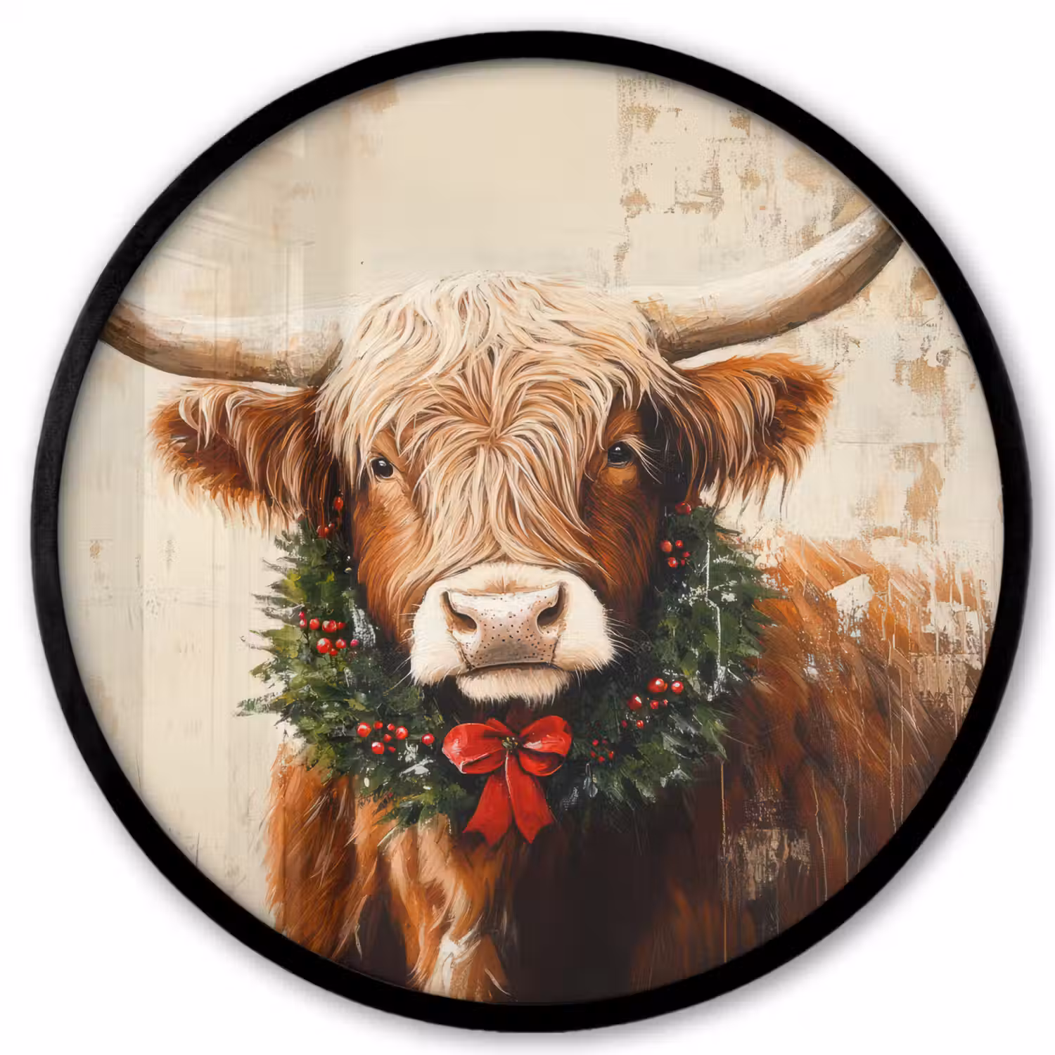 Kerst - Schotse Hooglander - Bruin - Krans Fotolijst rond zonder passe partout klein -3d
