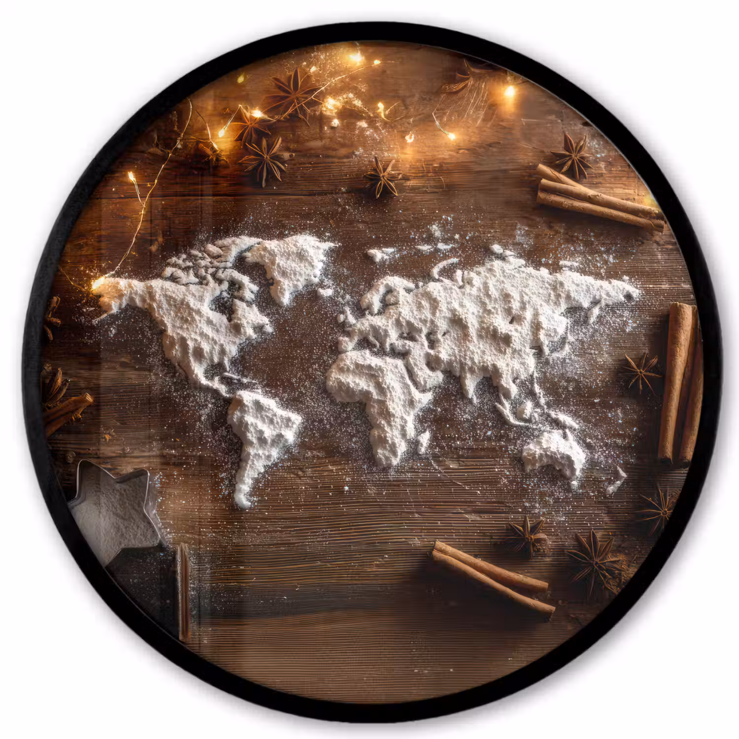 Wereldkaart - Poedersuiker - Hout Fotolijst rond zonder passe partout klein -3d