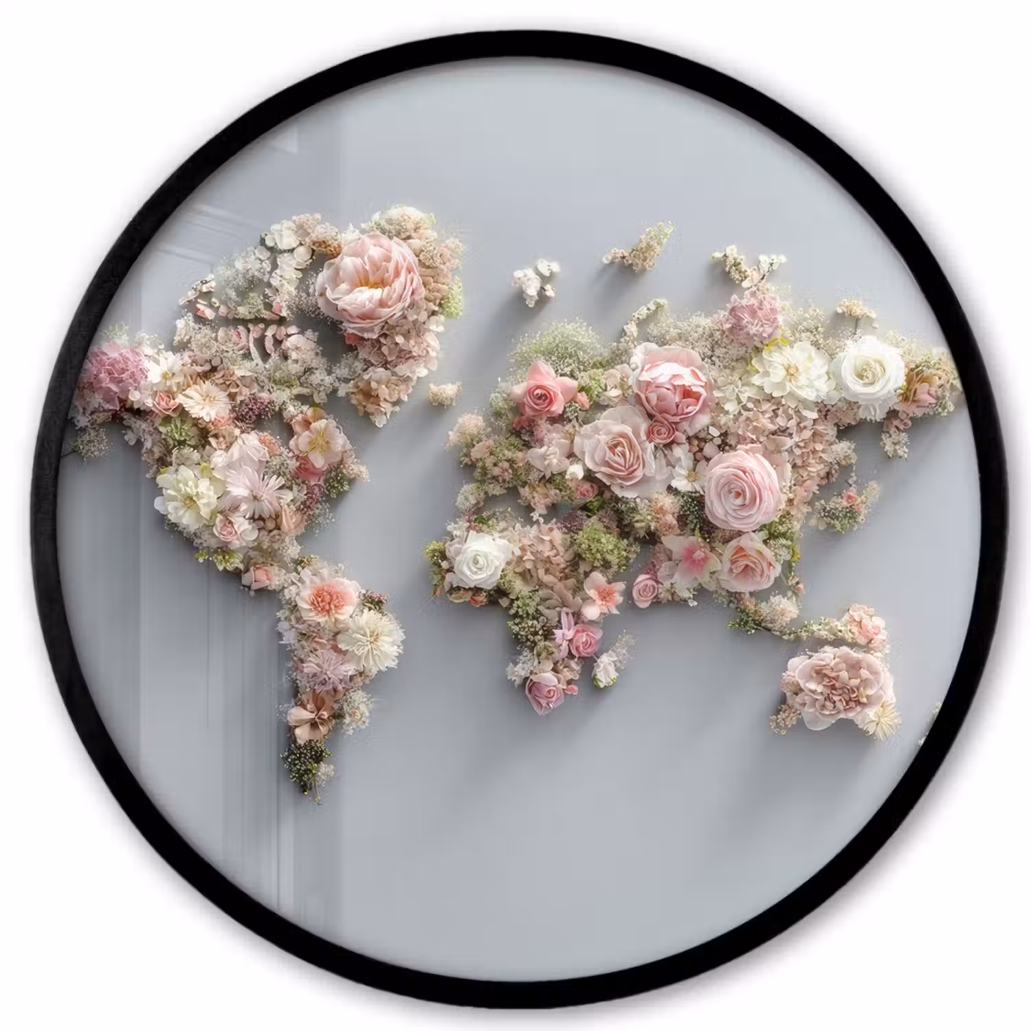 Wereldkaart - Rozen - Roze Fotolijst rond zonder passe partout klein -3d