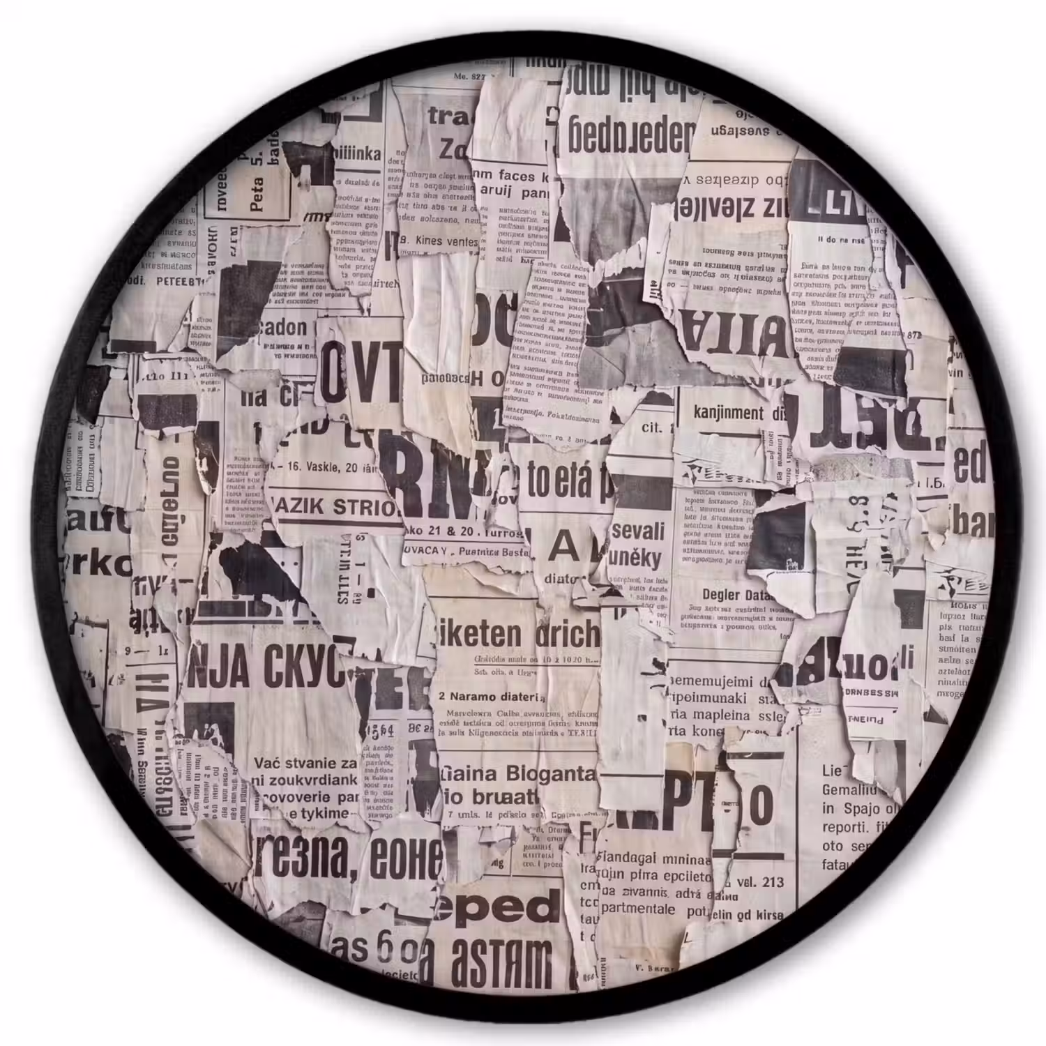 Krant - Gescheurd - Textuur - Abstract - Zwart-wit Fotolijst rond zonder passe partout klein -3d