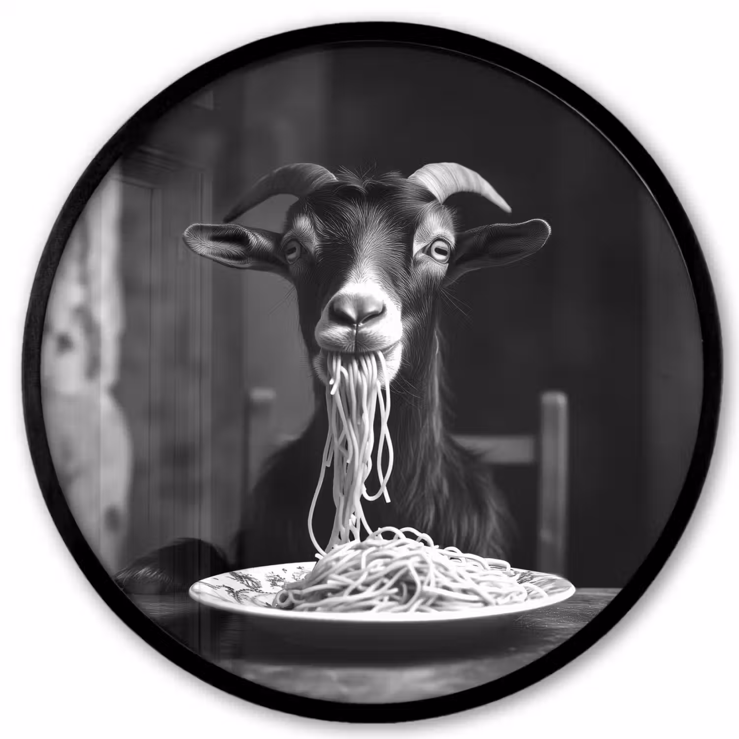 Geit - Bord - Spaghetti - Zwart Wit Fotolijst rond zonder passe partout klein -3d