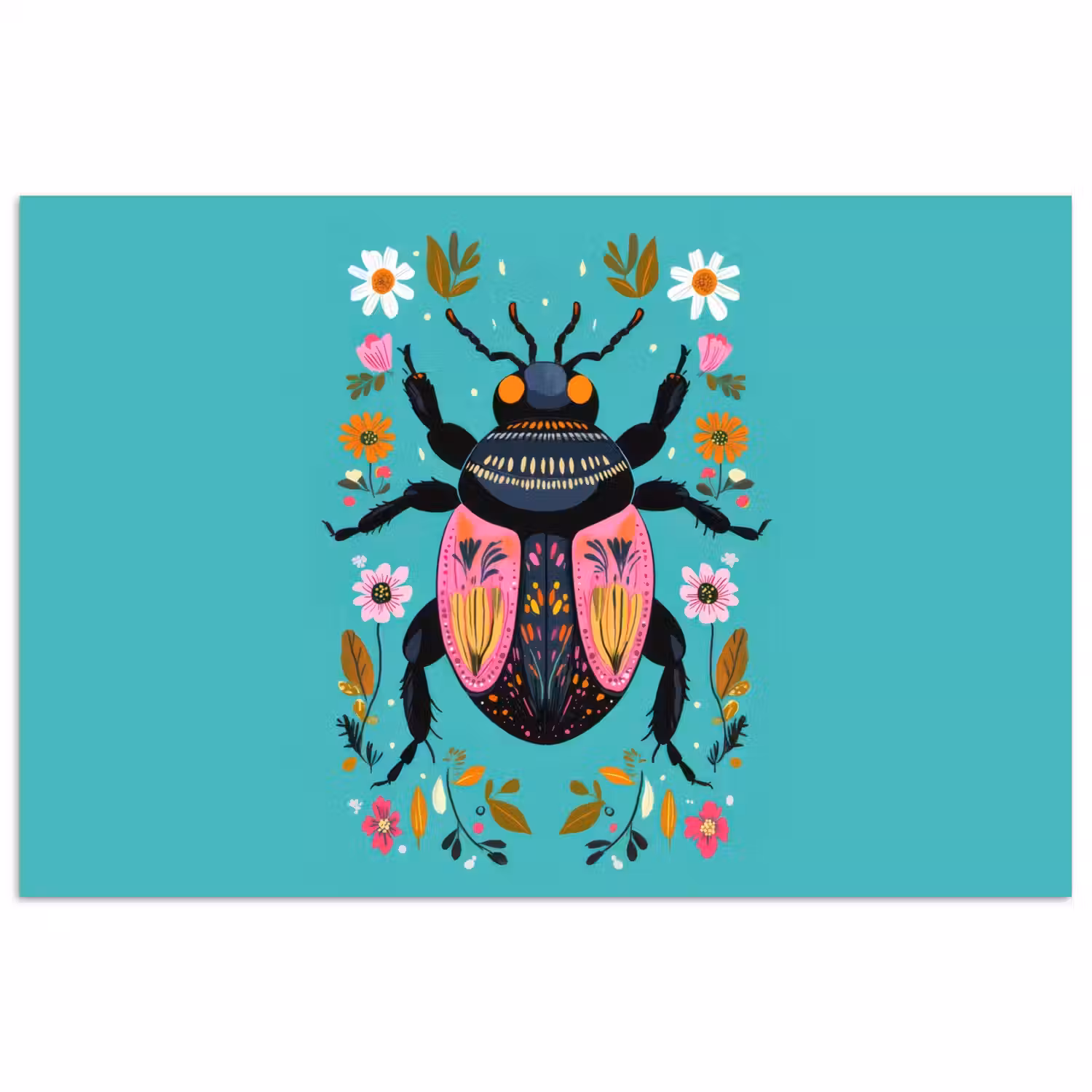 Kever - Bloemmotieven - Turquoise - Bladeren poster papier klein -3d