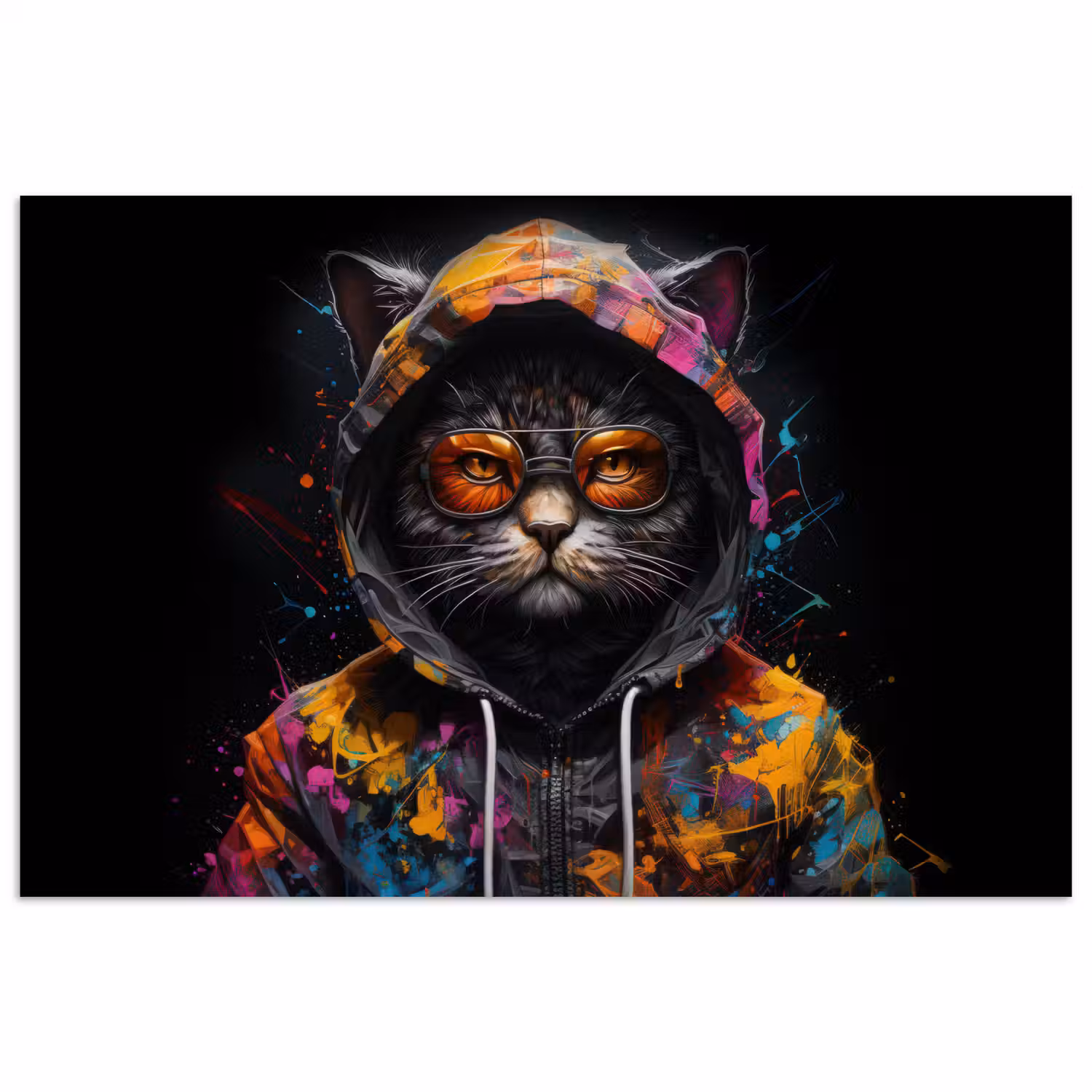 Kat - Jas - Graffiti - Bril - Zwart poster papier klein -3d