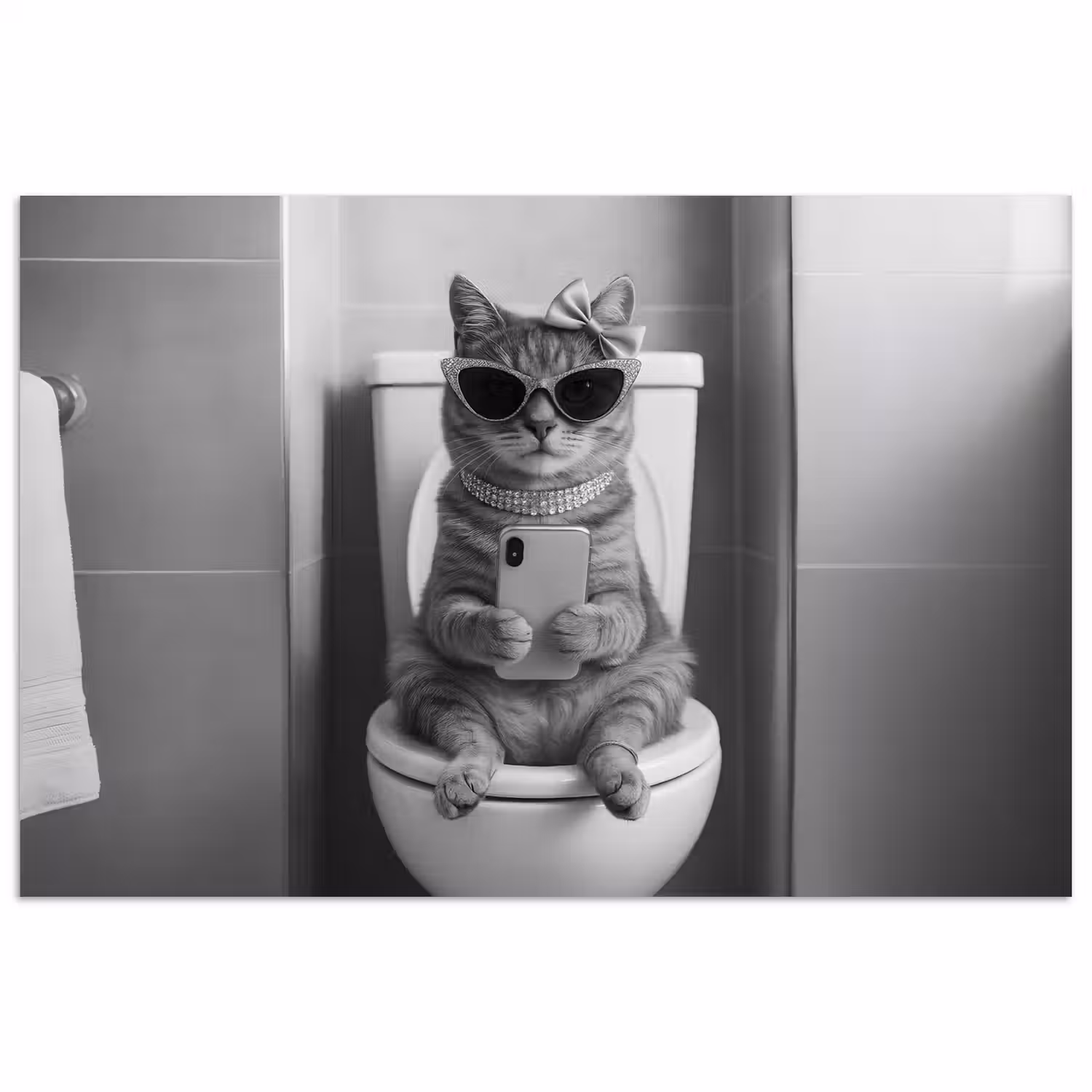 Kat - Telefoon - Toilet - Zwart - Wit poster papier klein -3d