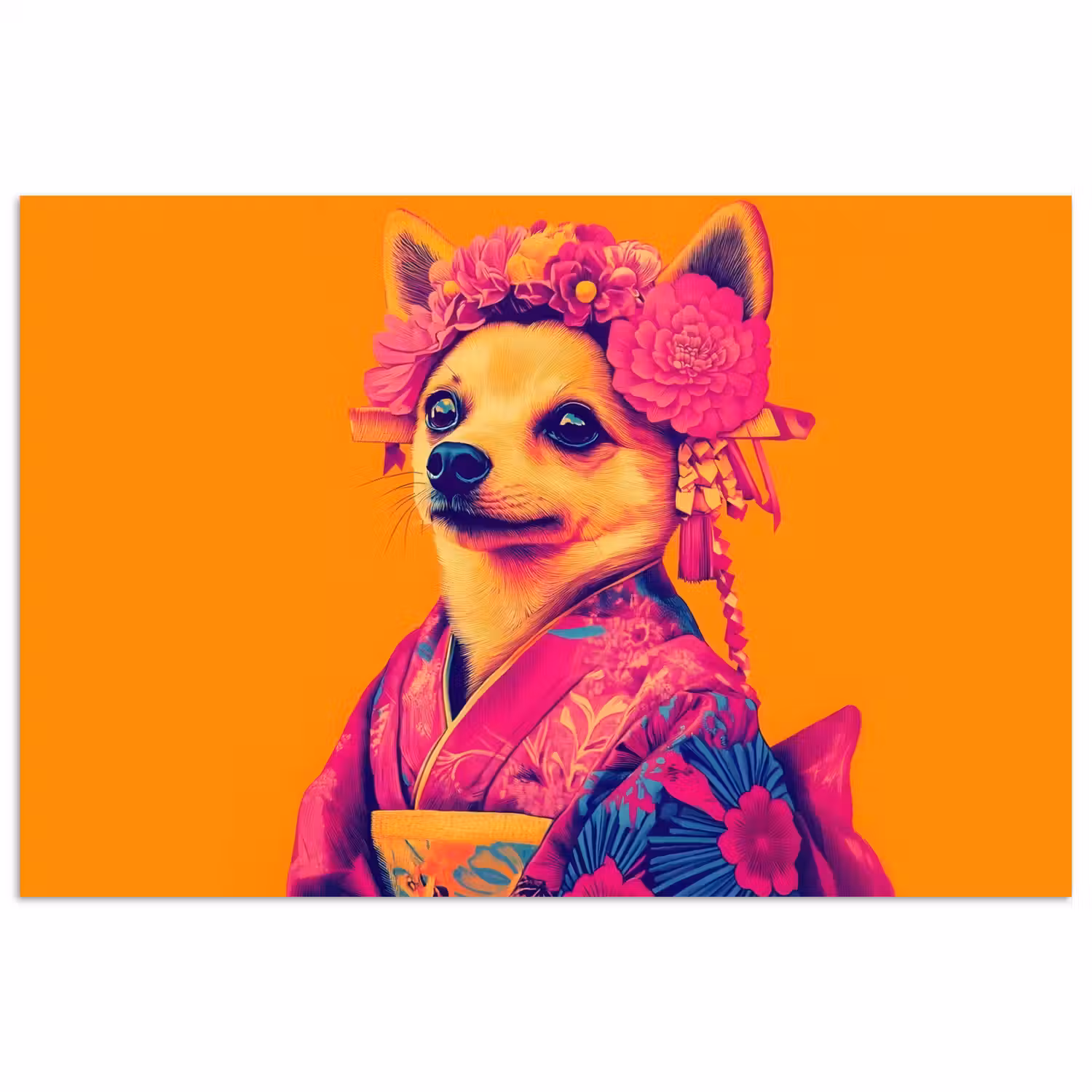 Kimono - Hondje - Bloemenkroon - Oranje poster papier klein -3d